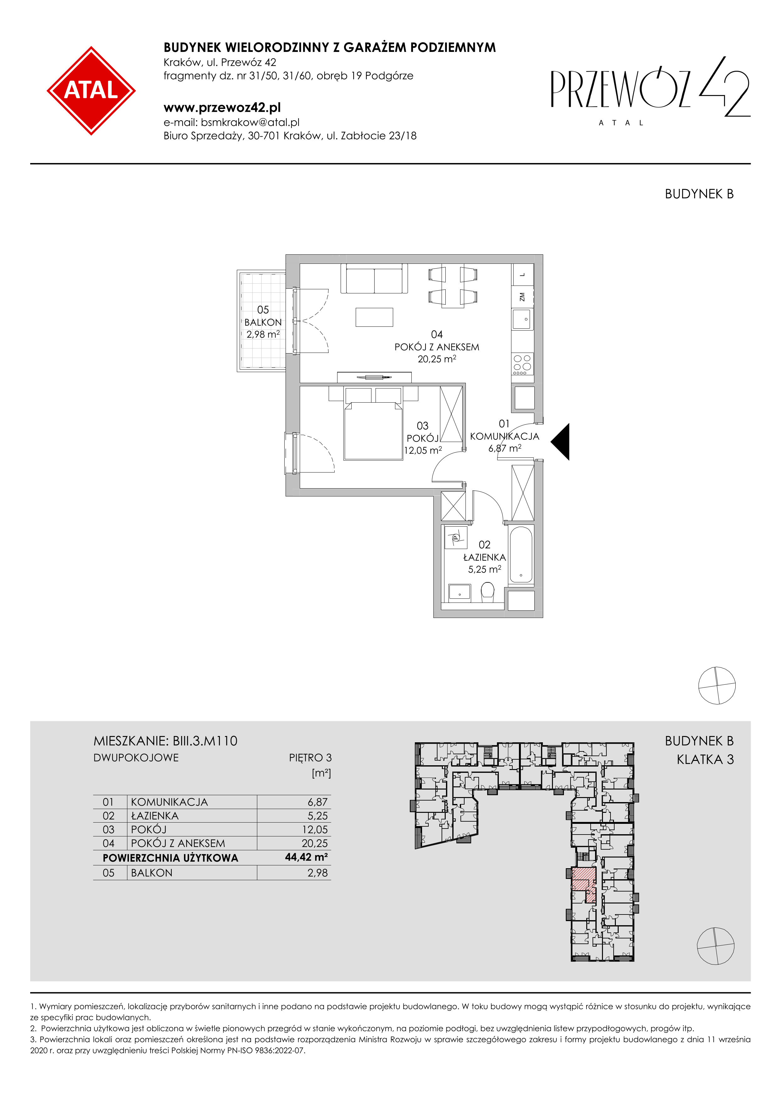 Mieszkanie 44,42 m², piętro 3, oferta nr BIII.3.M110, Przewóz 42 ATAL II, Kraków, Podgórze, Płaszów, ul. Przewóz 42-idx