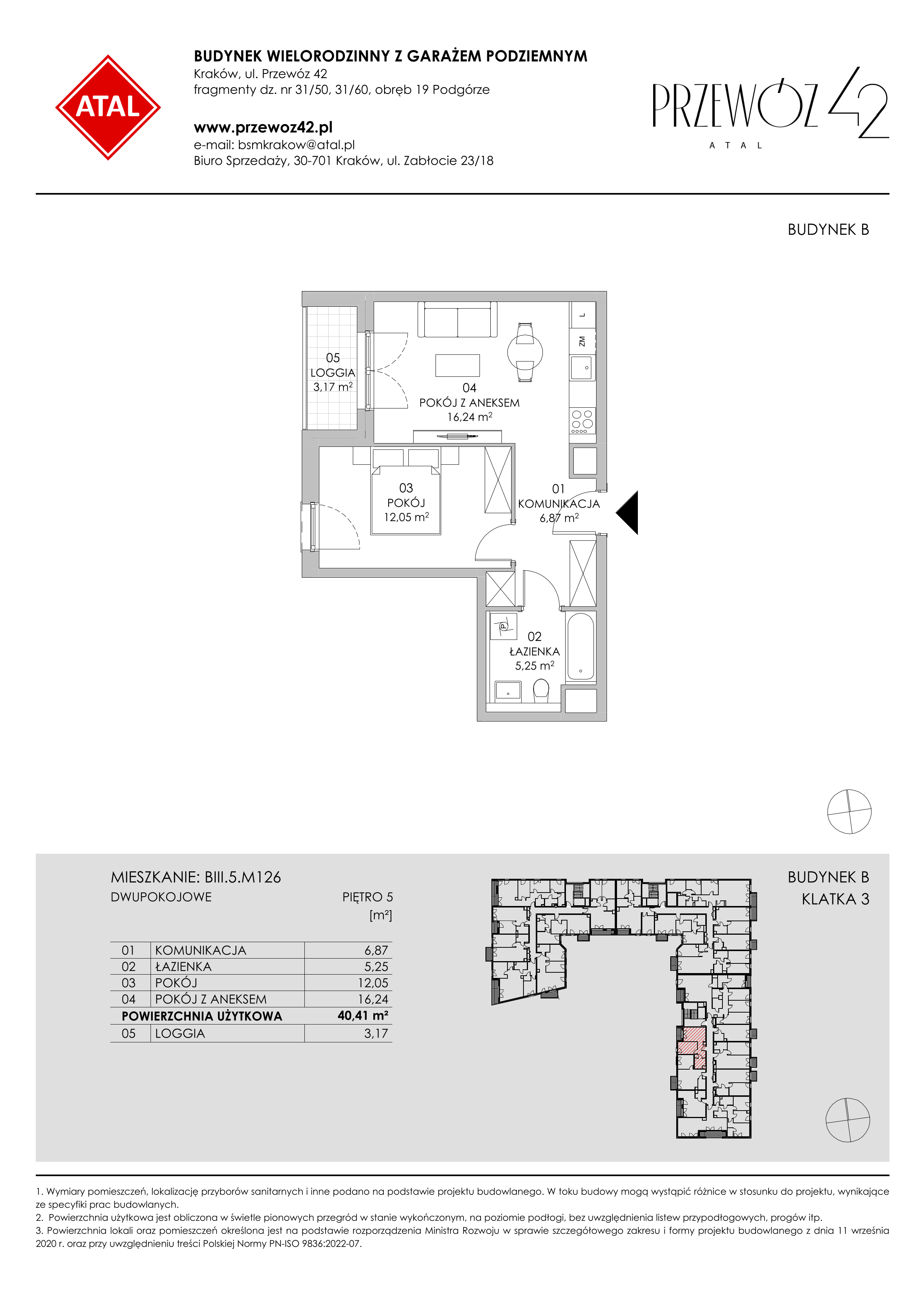 Mieszkanie 40,41 m², piętro 5, oferta nr BIII.5.M126, Przewóz 42 ATAL II, Kraków, Podgórze, Płaszów, ul. Przewóz 42-idx