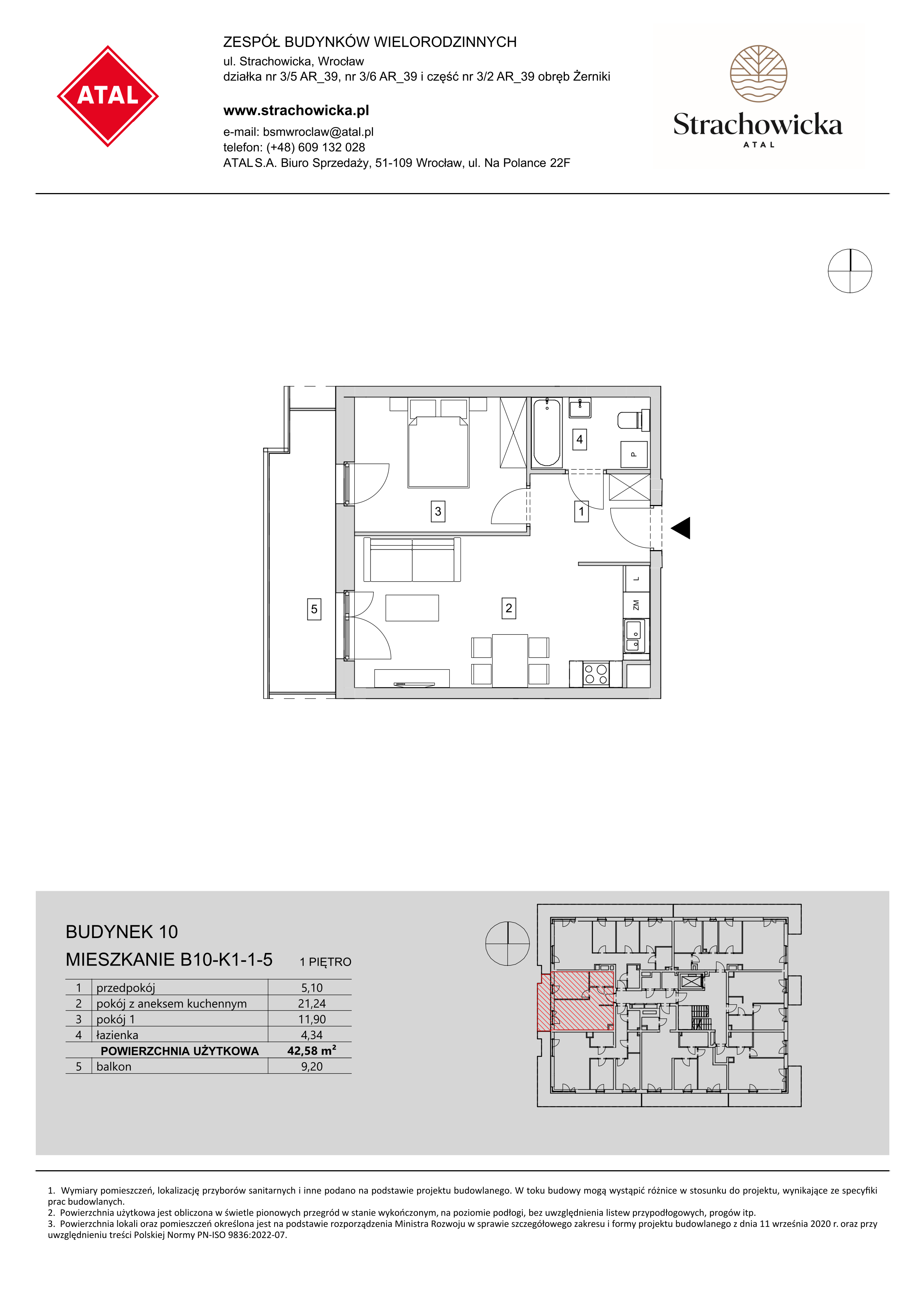 Mieszkanie 42,58 m², piętro 1, oferta nr B10-K1-1-5, ATAL Strachowicka, Wrocław, Żerniki, Fabryczna, ul. Strachowicka-idx