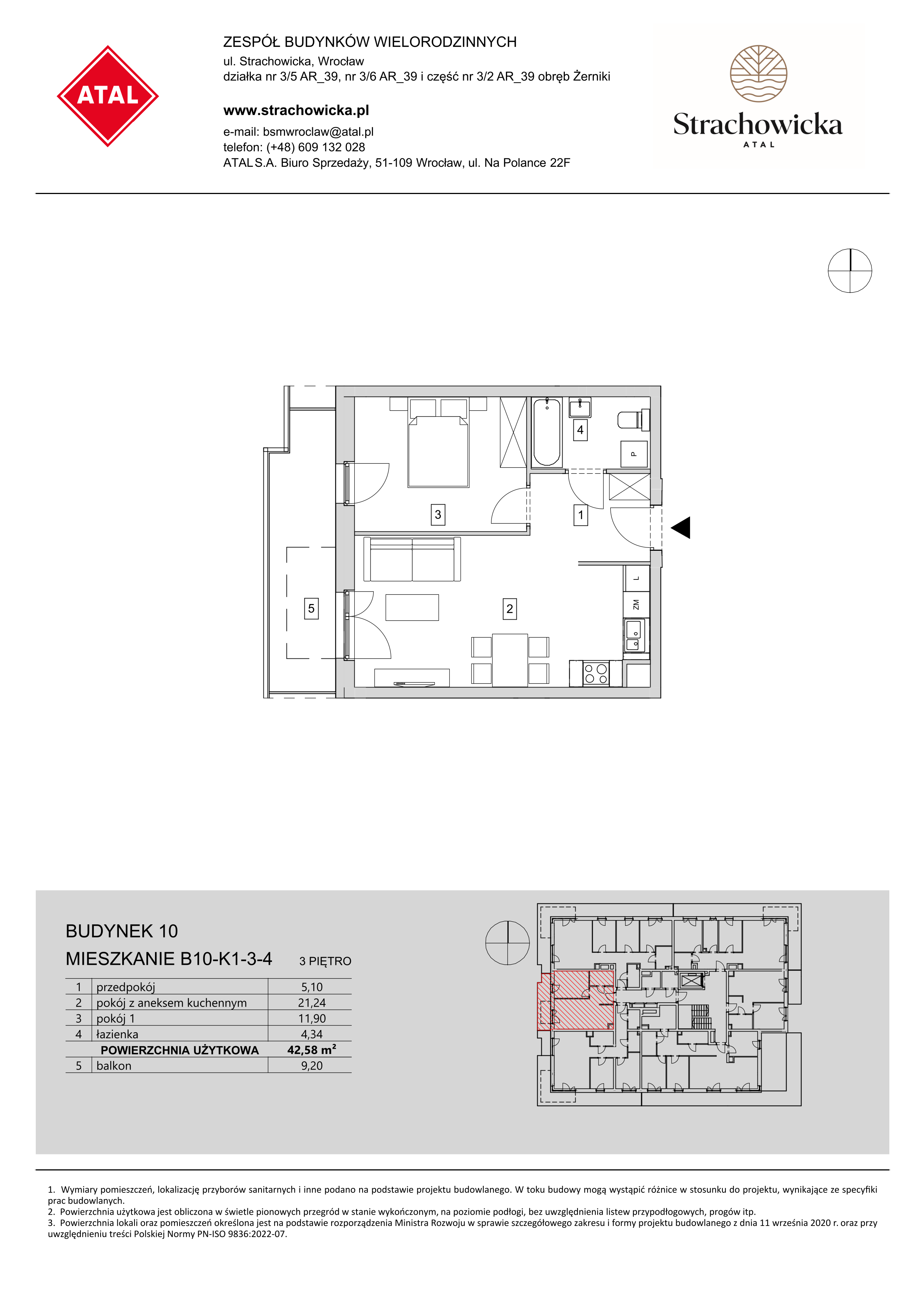 Mieszkanie 42,58 m², piętro 3, oferta nr B10-K1-3-4, ATAL Strachowicka, Wrocław, Żerniki, Fabryczna, ul. Strachowicka-idx