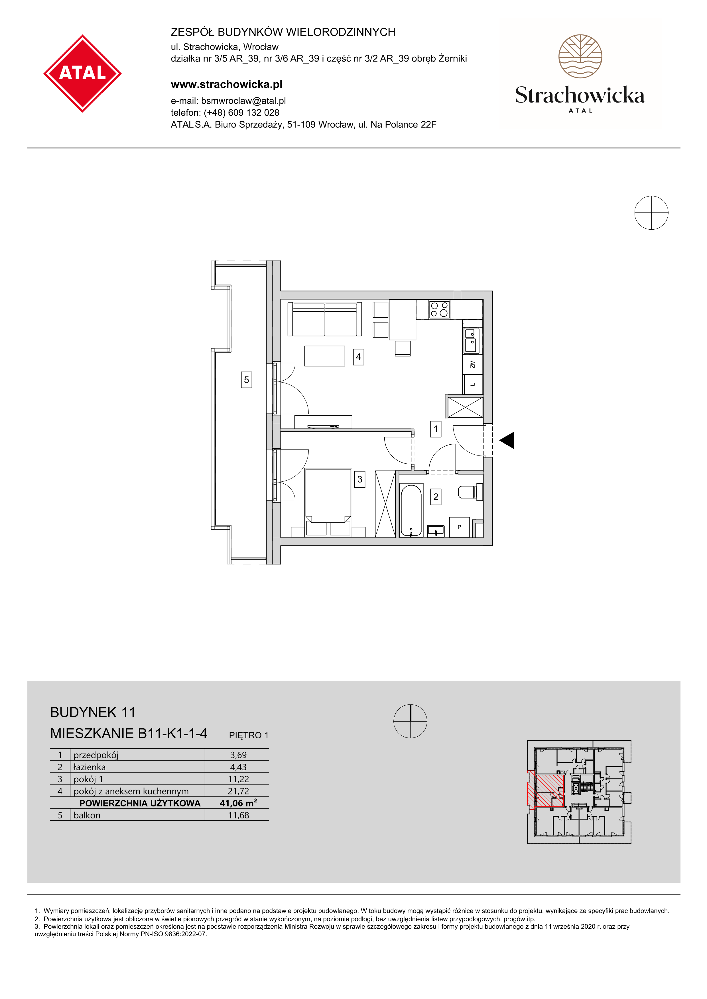 Mieszkanie 41,06 m², piętro 1, oferta nr B11-K1-1-4, ATAL Strachowicka, Wrocław, Żerniki, Fabryczna, ul. Strachowicka-idx