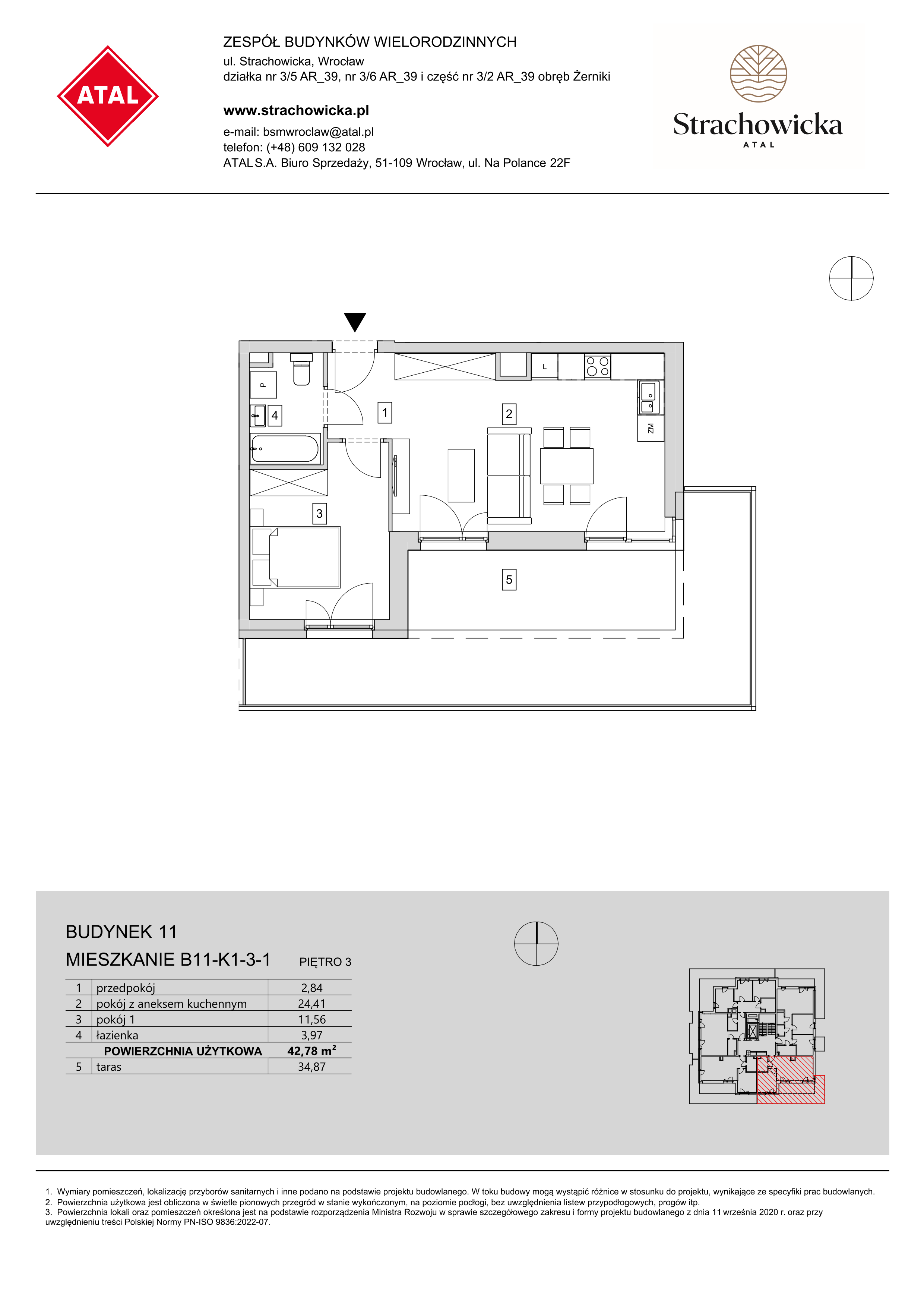 Mieszkanie 42,78 m², piętro 3, oferta nr B11-K1-3-1, ATAL Strachowicka, Wrocław, Żerniki, Fabryczna, ul. Strachowicka-idx