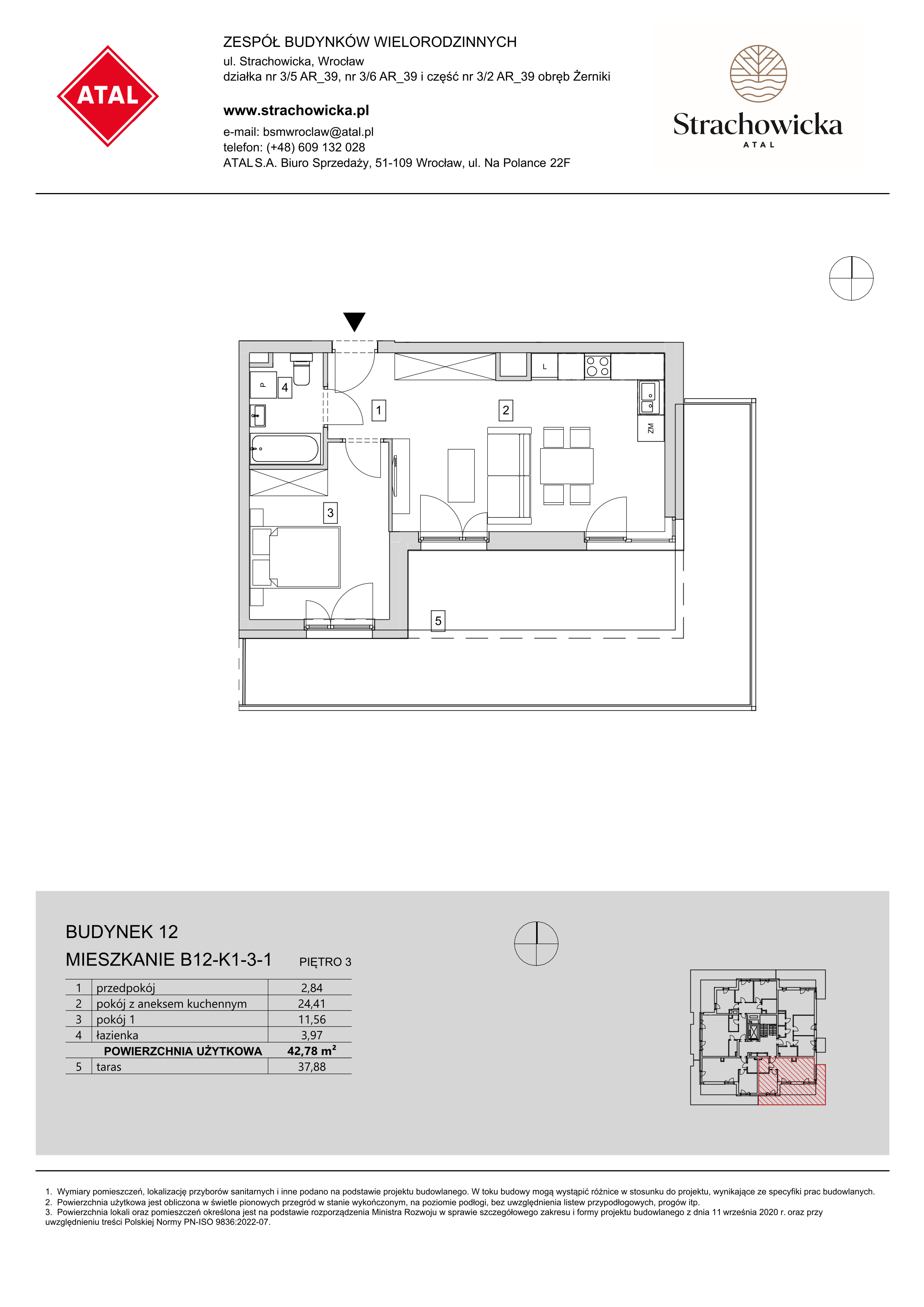 Mieszkanie 42,78 m², piętro 3, oferta nr B12-K1-3-1, ATAL Strachowicka, Wrocław, Żerniki, Fabryczna, ul. Strachowicka-idx