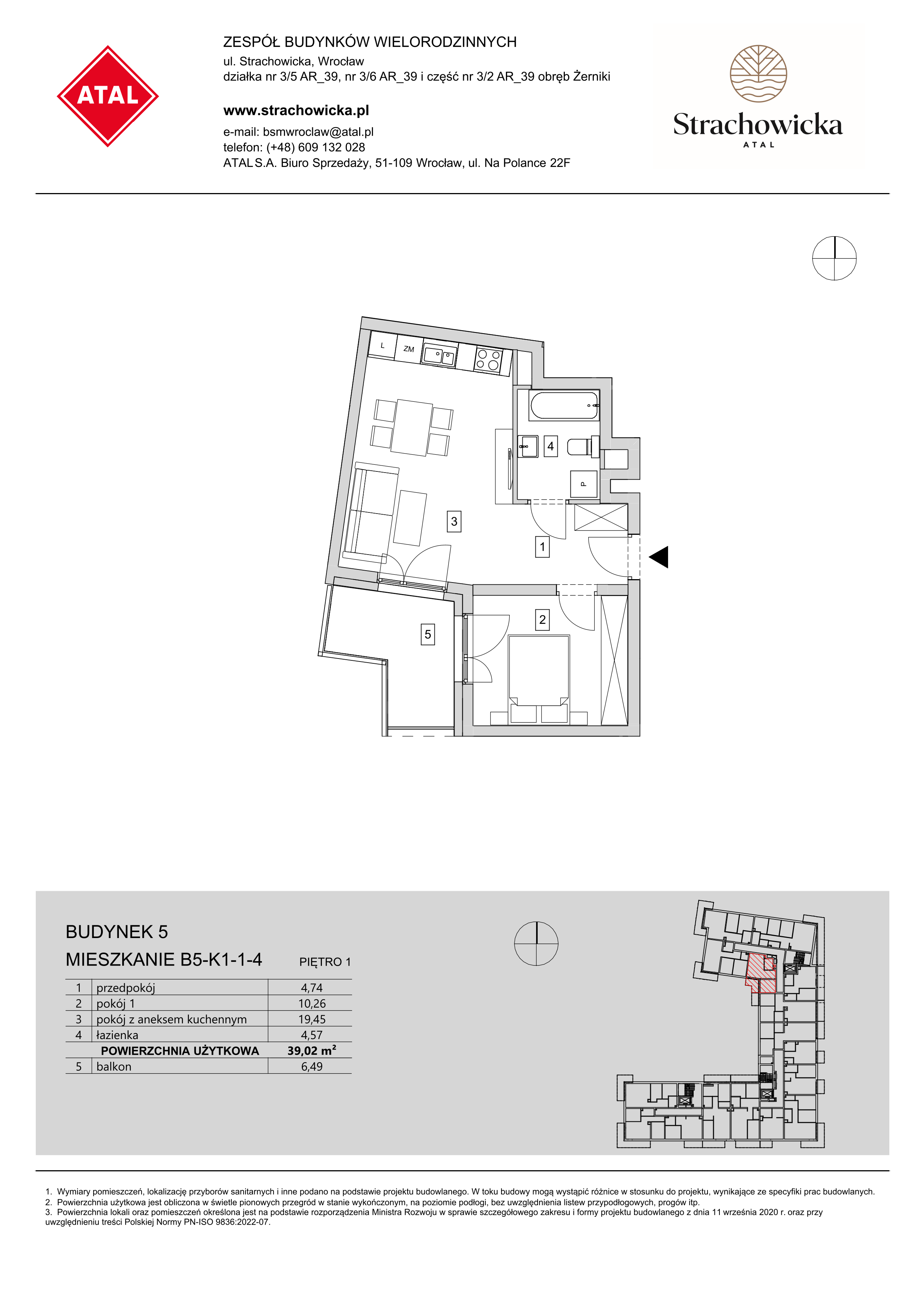 Mieszkanie 39,02 m², piętro 1, oferta nr B5-K1-1-4, ATAL Strachowicka, Wrocław, Żerniki, Fabryczna, ul. Strachowicka-idx