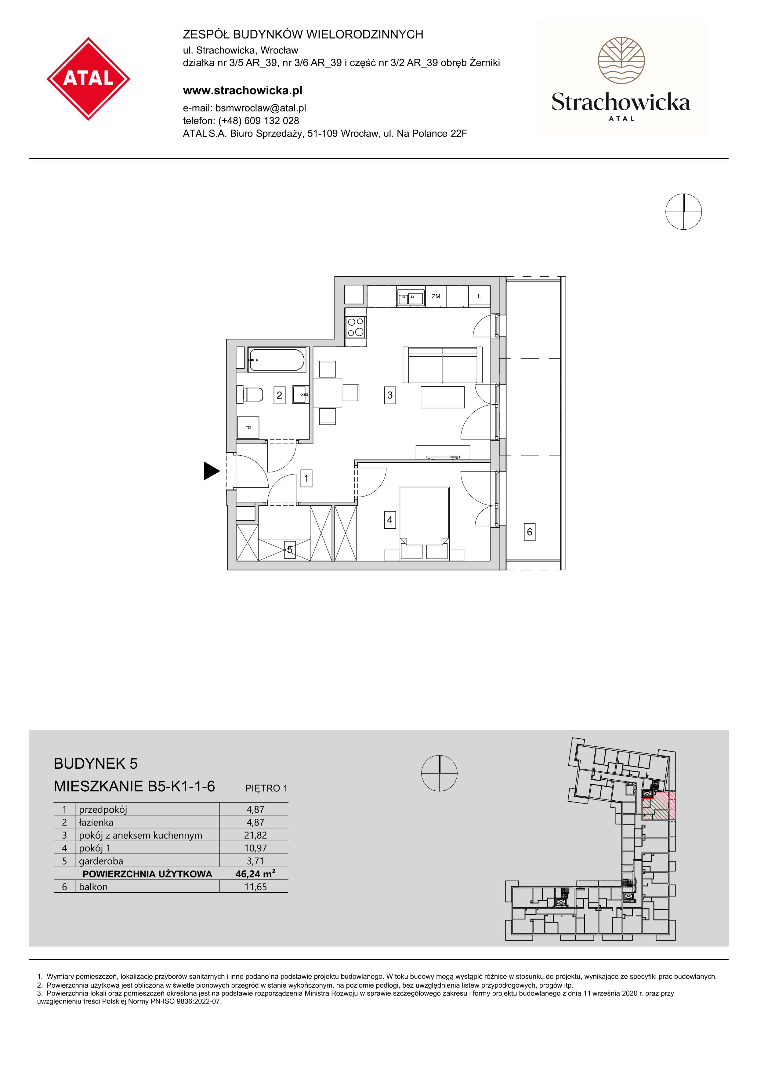 Mieszkanie 46,24 m², piętro 1, oferta nr B5-K1-1-6, ATAL Strachowicka, Wrocław, Żerniki, Fabryczna, ul. Strachowicka-idx