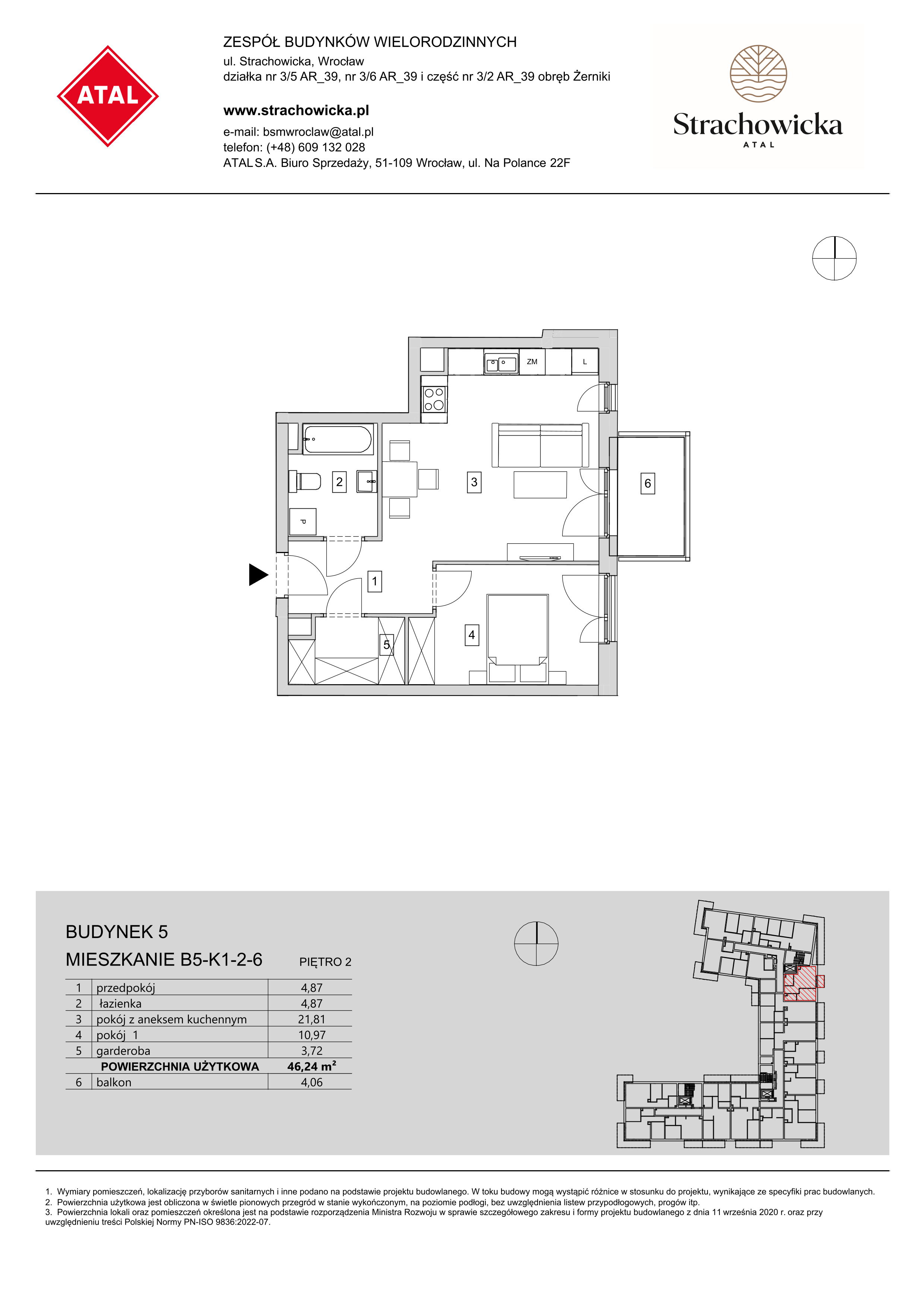 Mieszkanie 46,24 m², piętro 2, oferta nr B5-K1-2-6, ATAL Strachowicka, Wrocław, Żerniki, Fabryczna, ul. Strachowicka-idx