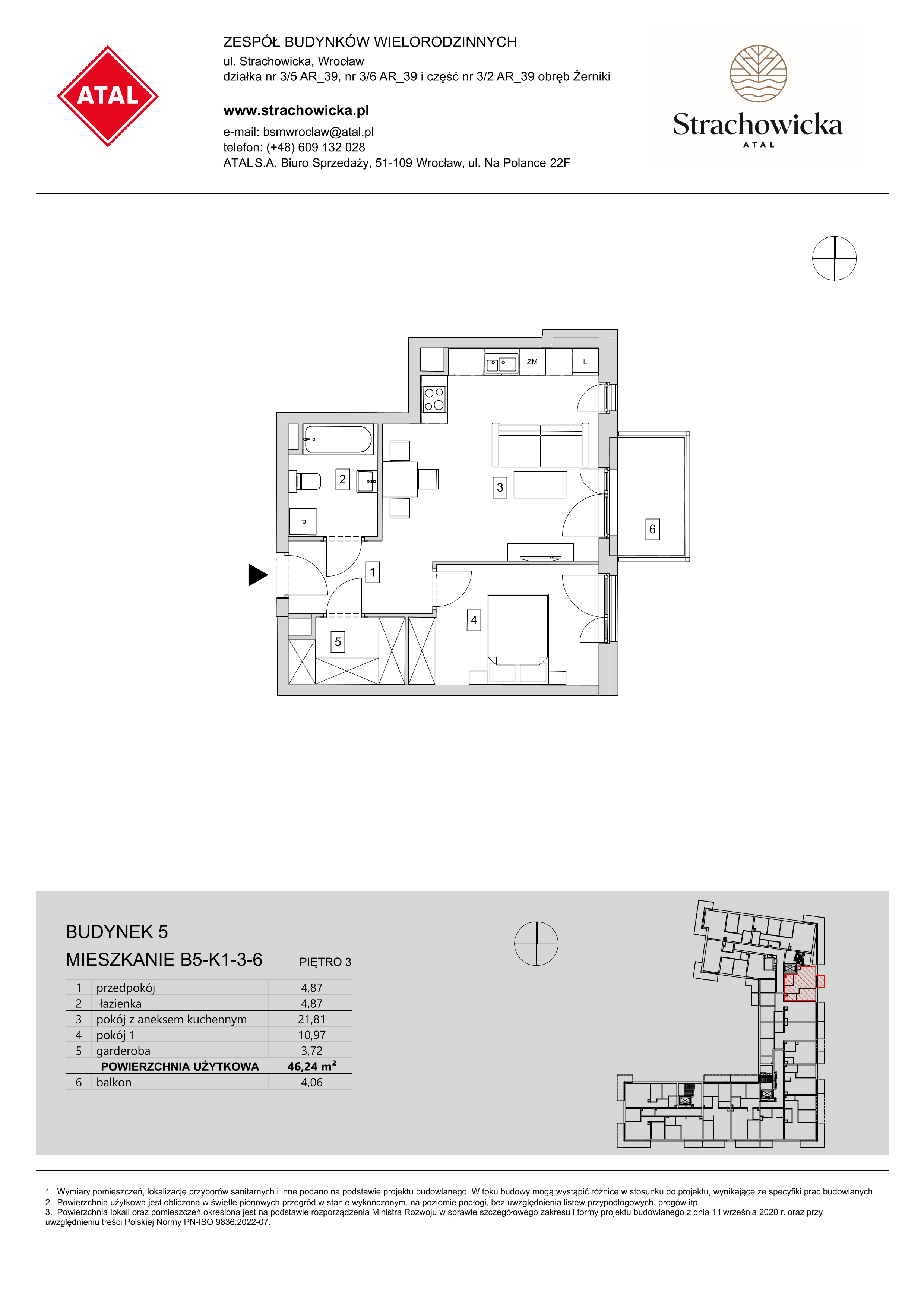 Mieszkanie 46,24 m², piętro 3, oferta nr B5-K1-3-6, ATAL Strachowicka, Wrocław, Żerniki, Fabryczna, ul. Strachowicka-idx