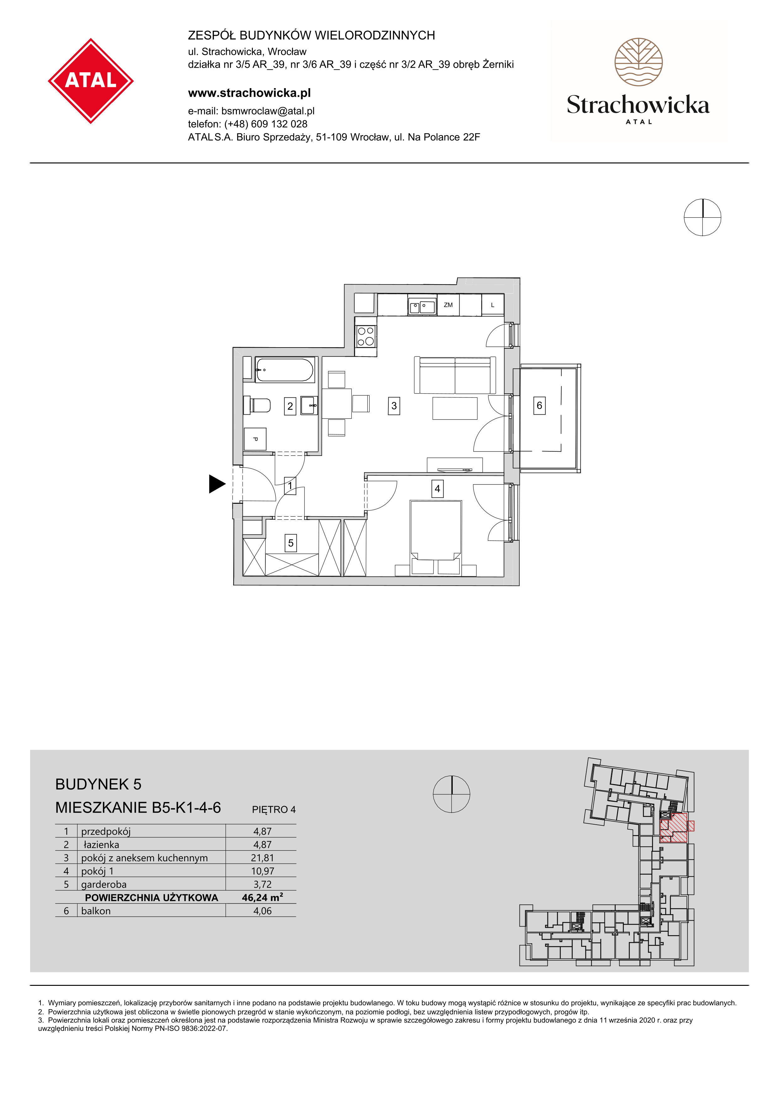 Mieszkanie 46,24 m², piętro 4, oferta nr B5-K1-4-6, ATAL Strachowicka, Wrocław, Żerniki, Fabryczna, ul. Strachowicka-idx