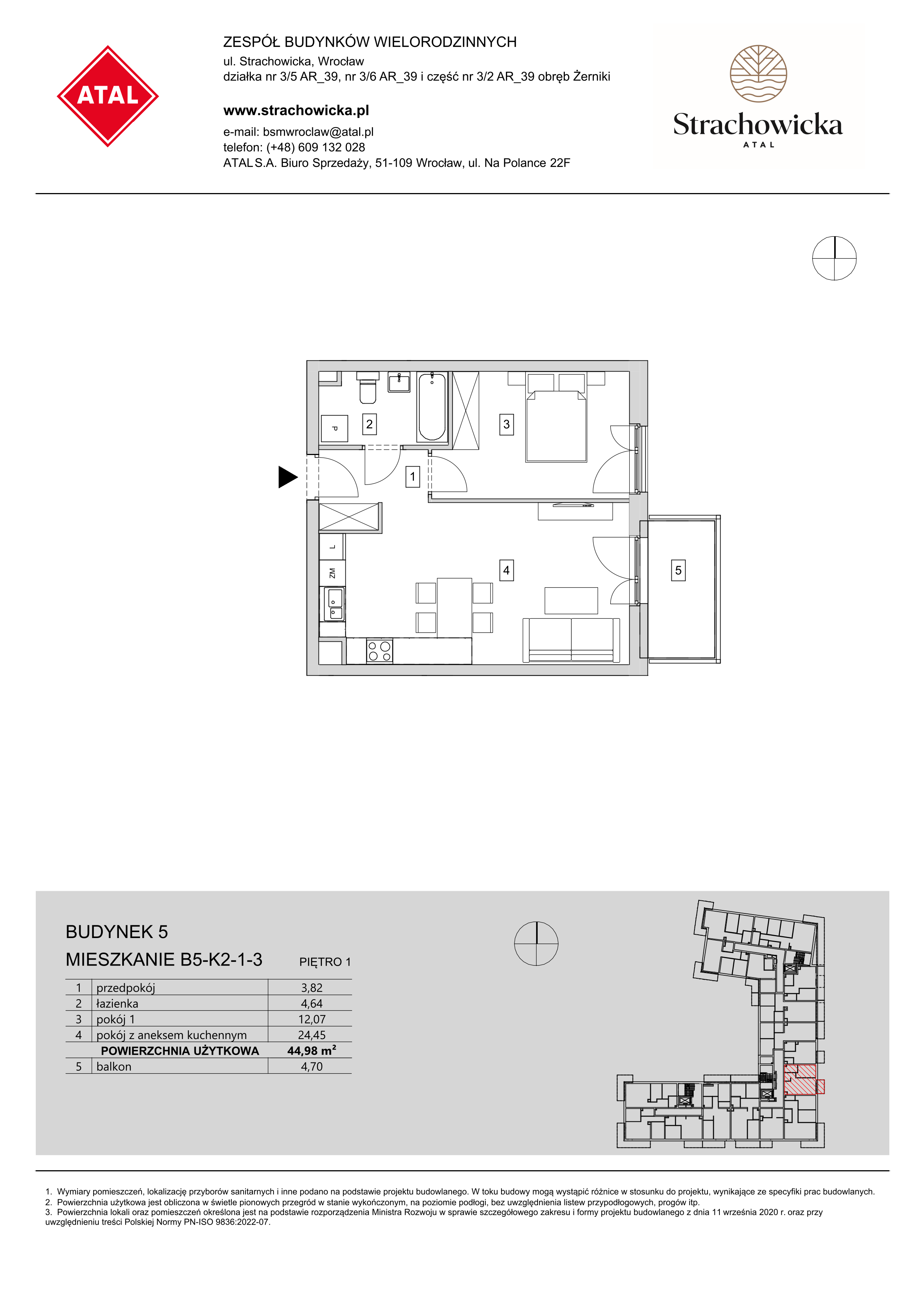 Mieszkanie 44,98 m², piętro 1, oferta nr B5-K2-1-3, ATAL Strachowicka, Wrocław, Żerniki, Fabryczna, ul. Strachowicka-idx