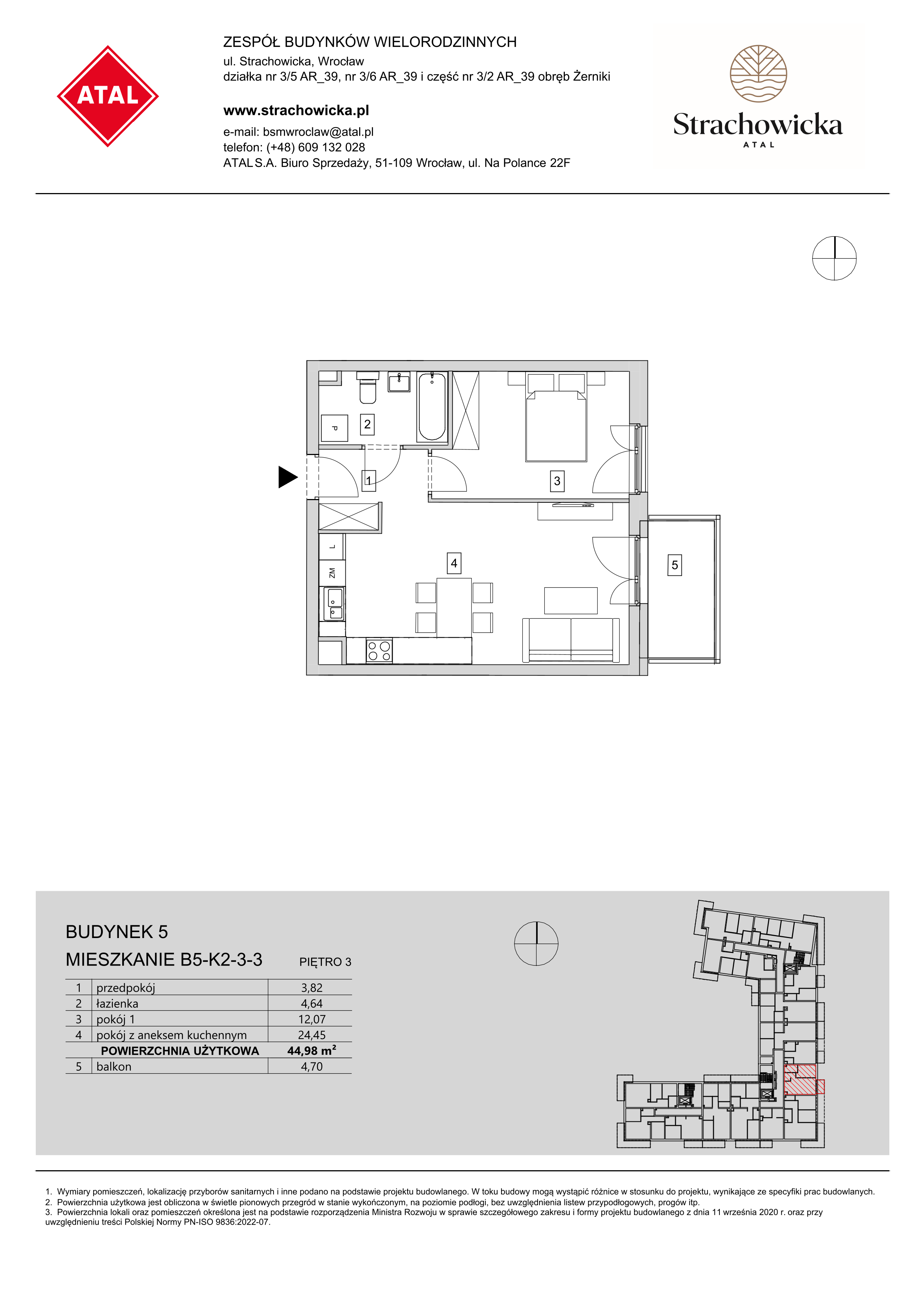 Mieszkanie 44,98 m², piętro 3, oferta nr B5-K2-3-3, ATAL Strachowicka, Wrocław, Żerniki, Fabryczna, ul. Strachowicka-idx