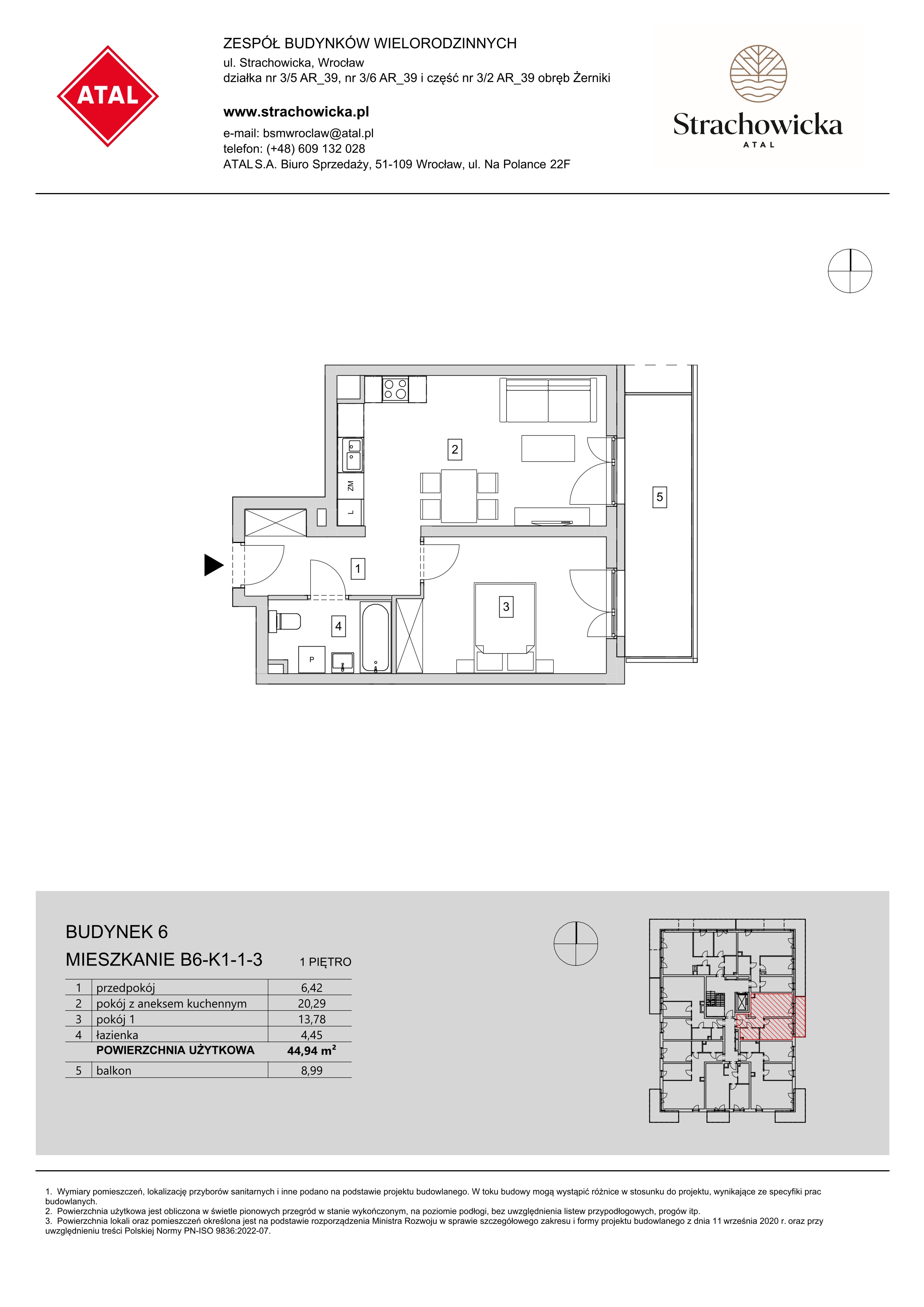 Mieszkanie 44,94 m², piętro 1, oferta nr B6-K1-1-3, ATAL Strachowicka, Wrocław, Żerniki, Fabryczna, ul. Strachowicka-idx