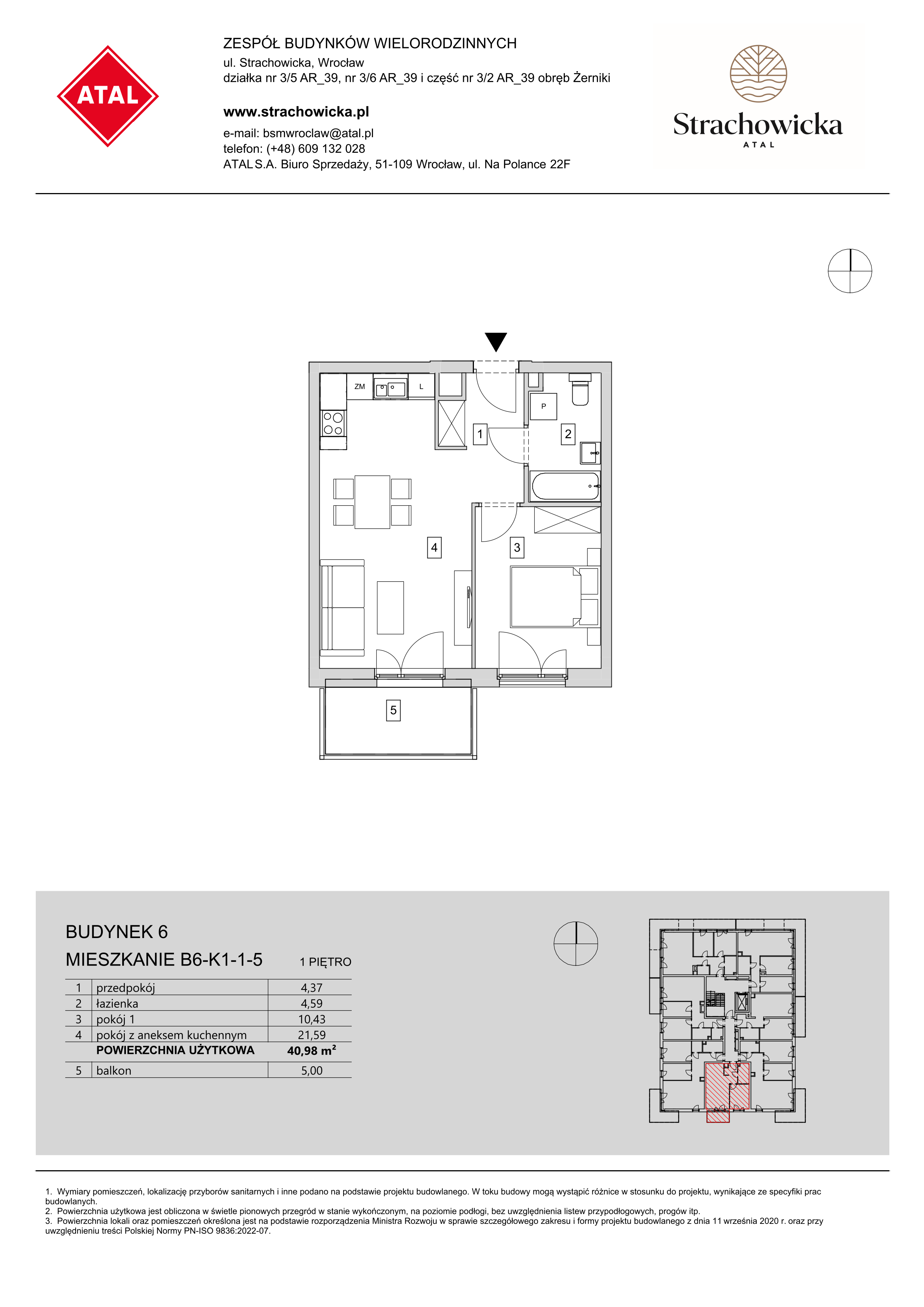 Mieszkanie 40,98 m², piętro 1, oferta nr B6-K1-1-5, ATAL Strachowicka, Wrocław, Żerniki, Fabryczna, ul. Strachowicka-idx