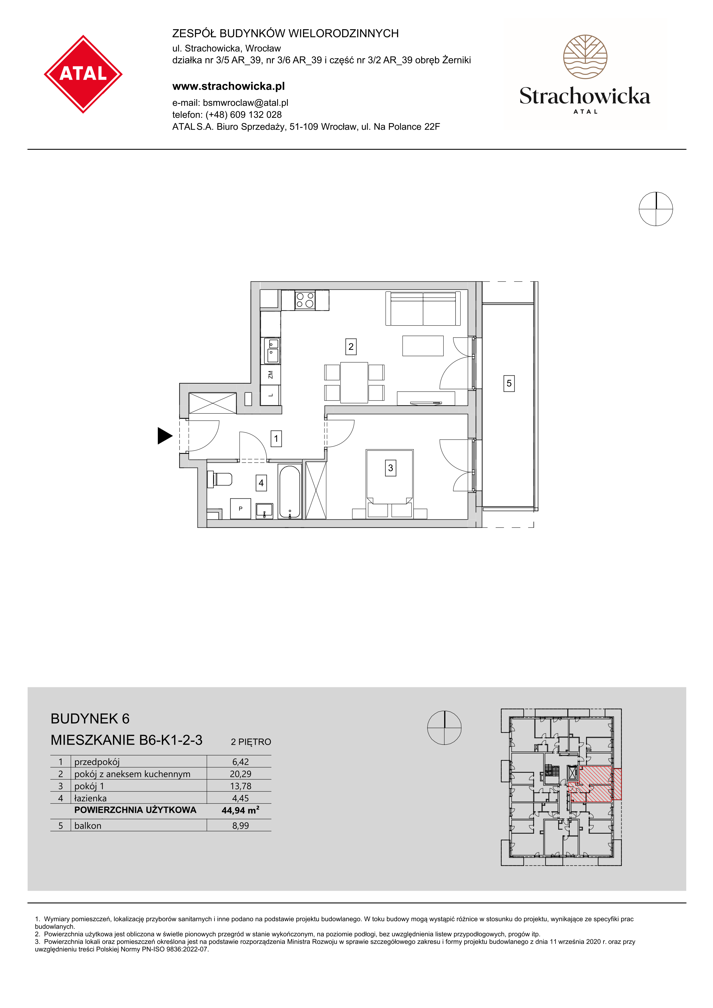 Mieszkanie 44,94 m², piętro 2, oferta nr B6-K1-2-3, ATAL Strachowicka, Wrocław, Żerniki, Fabryczna, ul. Strachowicka-idx