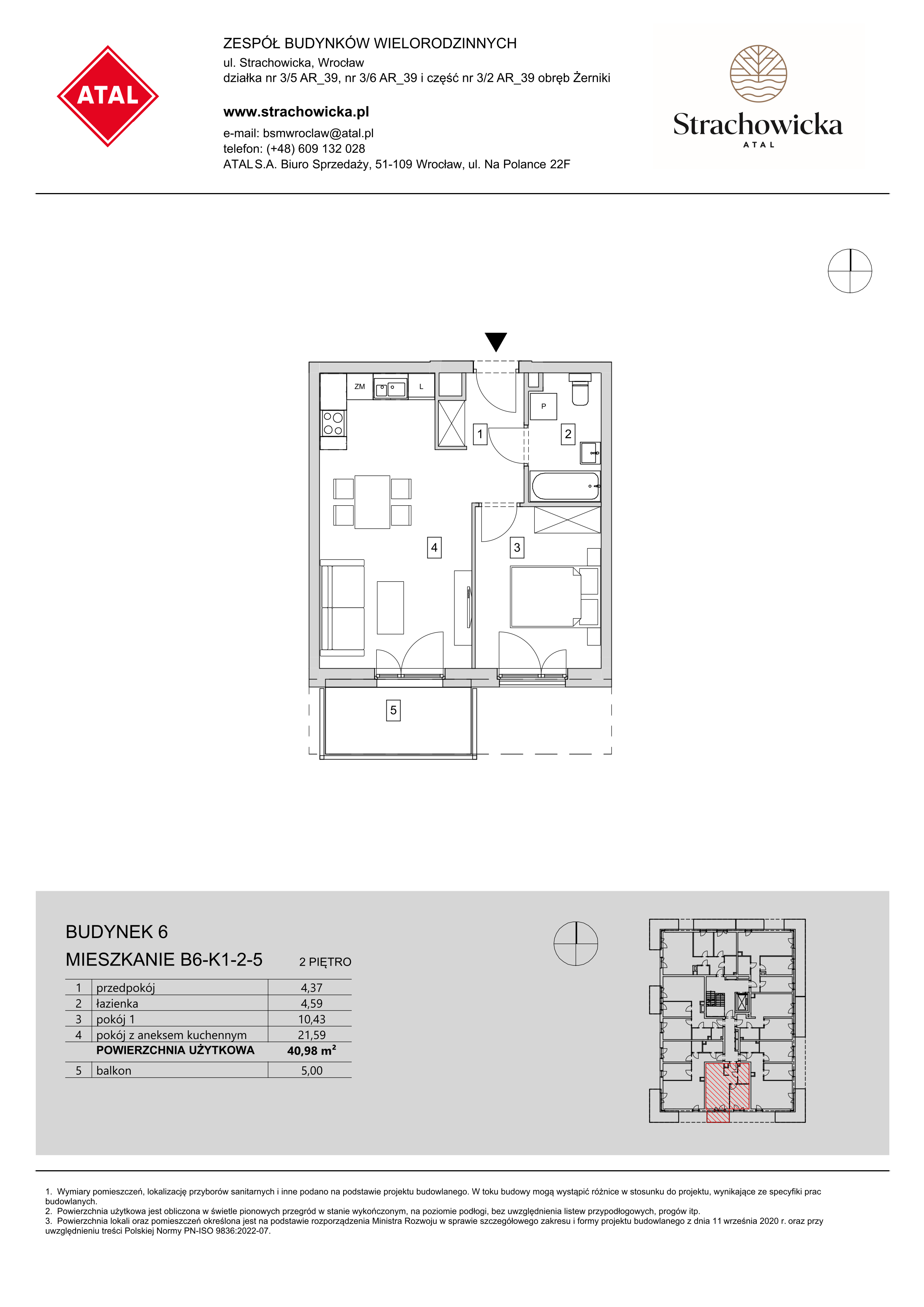 Mieszkanie 40,98 m², piętro 2, oferta nr B6-K1-2-5, ATAL Strachowicka, Wrocław, Żerniki, Fabryczna, ul. Strachowicka-idx