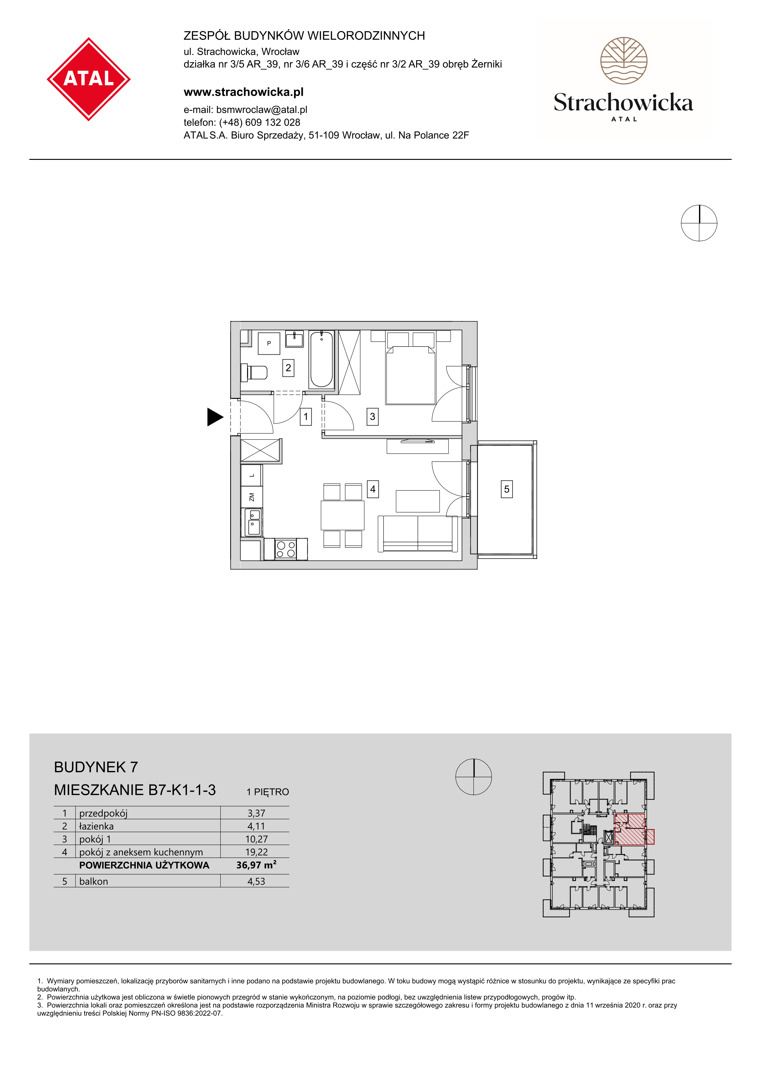 Mieszkanie 36,97 m², piętro 1, oferta nr B7-K1-1-3, ATAL Strachowicka, Wrocław, Żerniki, Fabryczna, ul. Strachowicka-idx