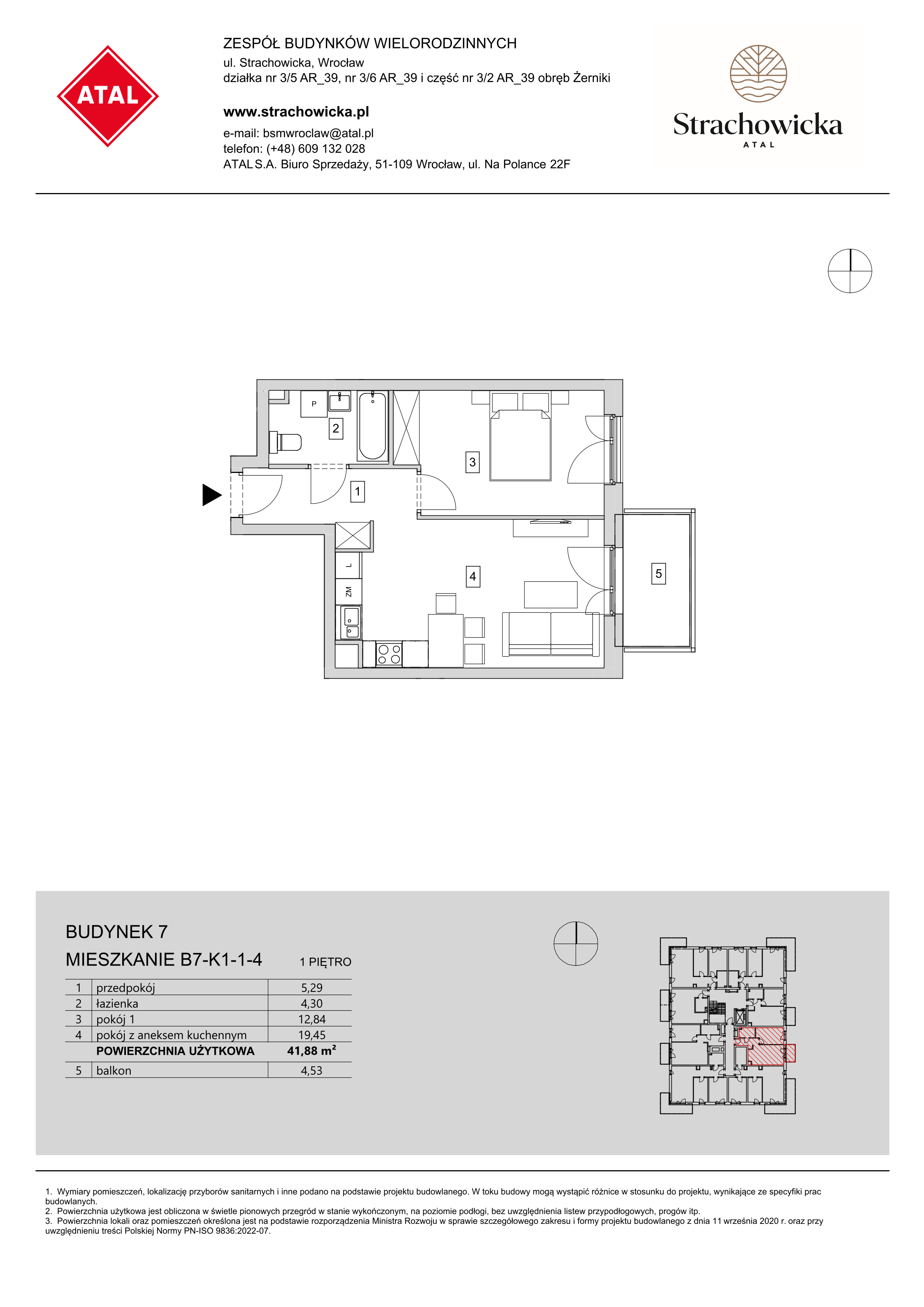 Mieszkanie 41,88 m², piętro 1, oferta nr B7-K1-1-4, ATAL Strachowicka, Wrocław, Żerniki, Fabryczna, ul. Strachowicka-idx