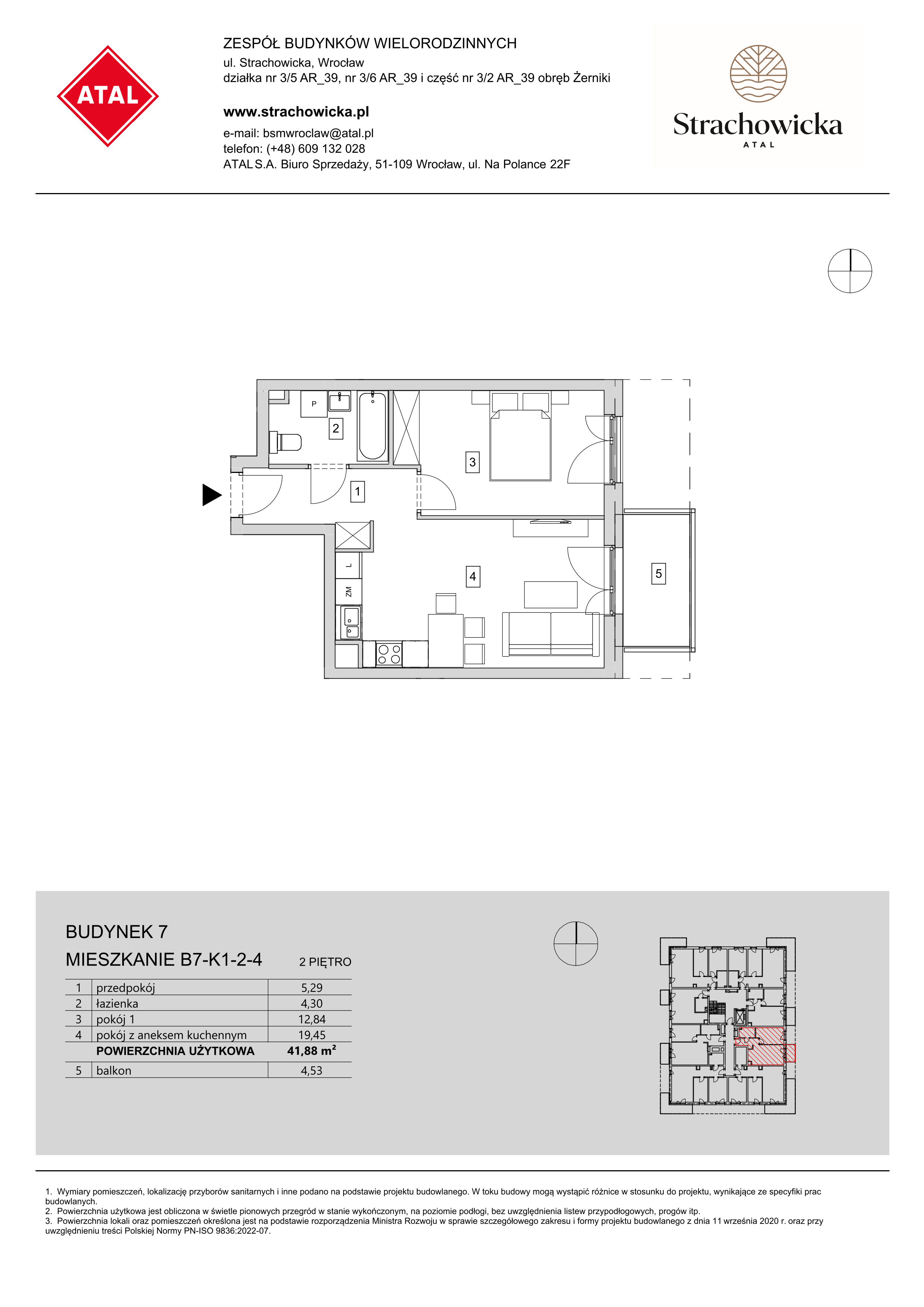 Mieszkanie 41,88 m², piętro 2, oferta nr B7-K1-2-4, ATAL Strachowicka, Wrocław, Żerniki, Fabryczna, ul. Strachowicka-idx