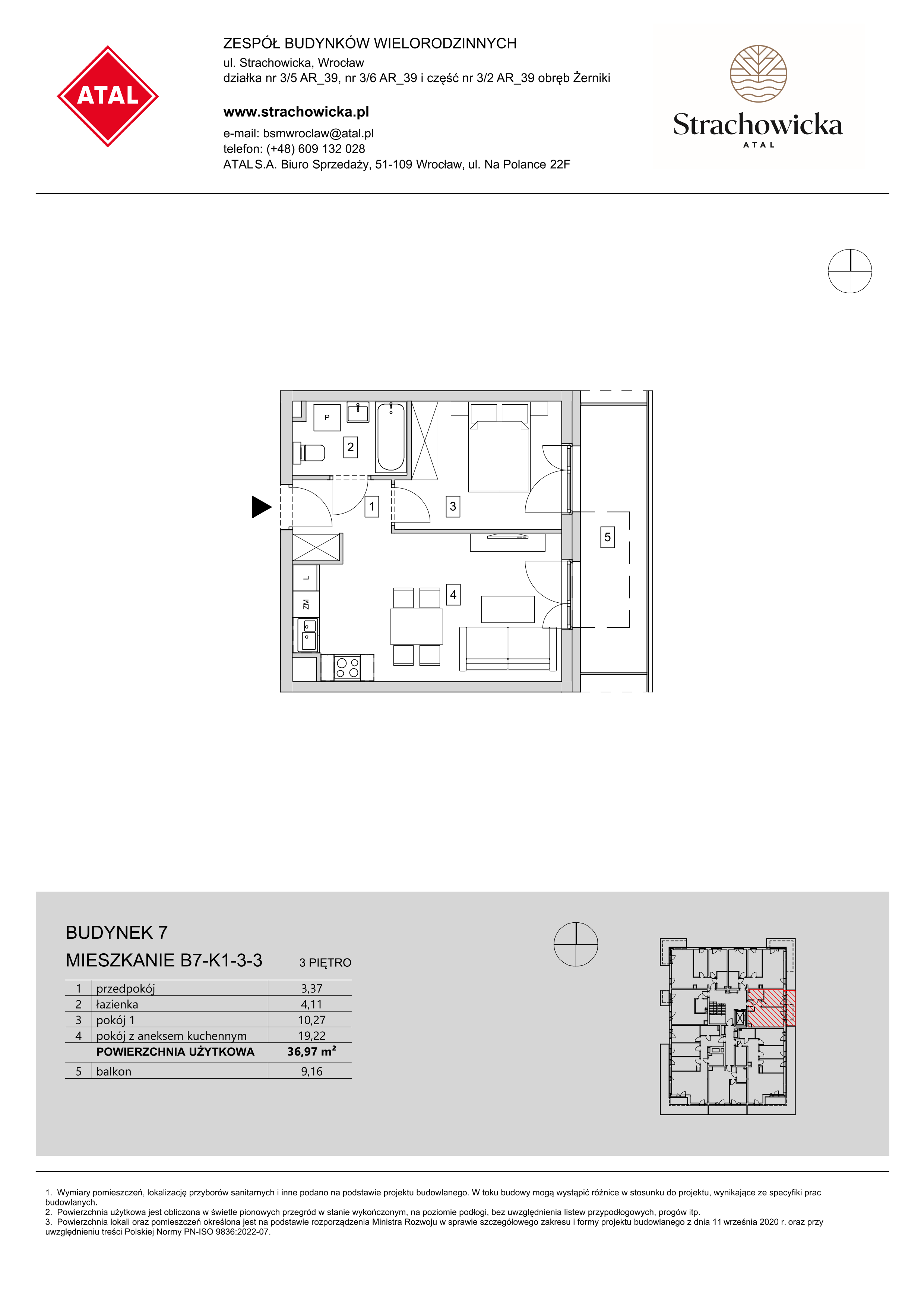 Mieszkanie 36,97 m², piętro 3, oferta nr B7-K1-3-3, ATAL Strachowicka, Wrocław, Żerniki, Fabryczna, ul. Strachowicka-idx