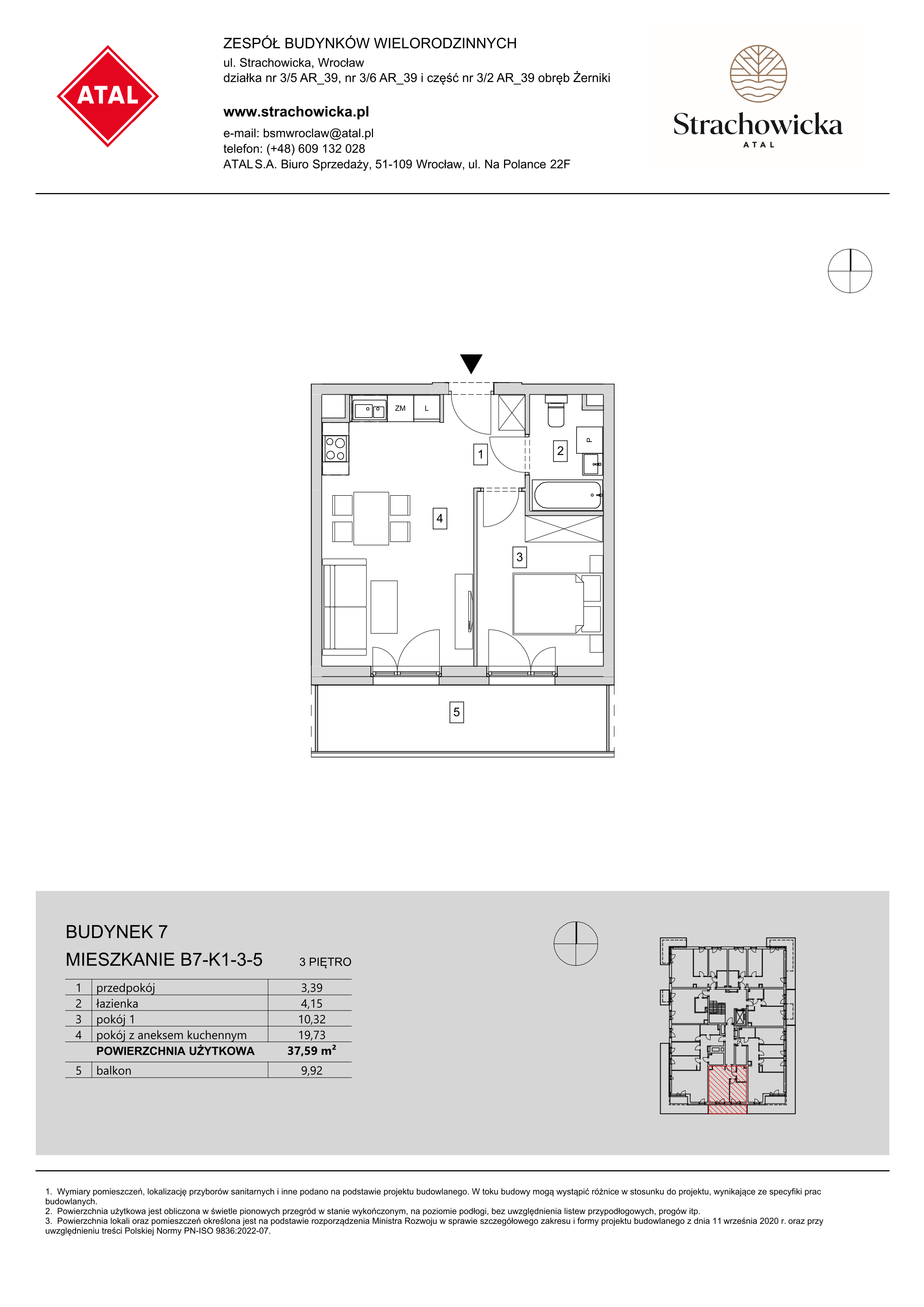 Mieszkanie 37,59 m², piętro 3, oferta nr B7-K1-3-5, ATAL Strachowicka, Wrocław, Żerniki, Fabryczna, ul. Strachowicka-idx