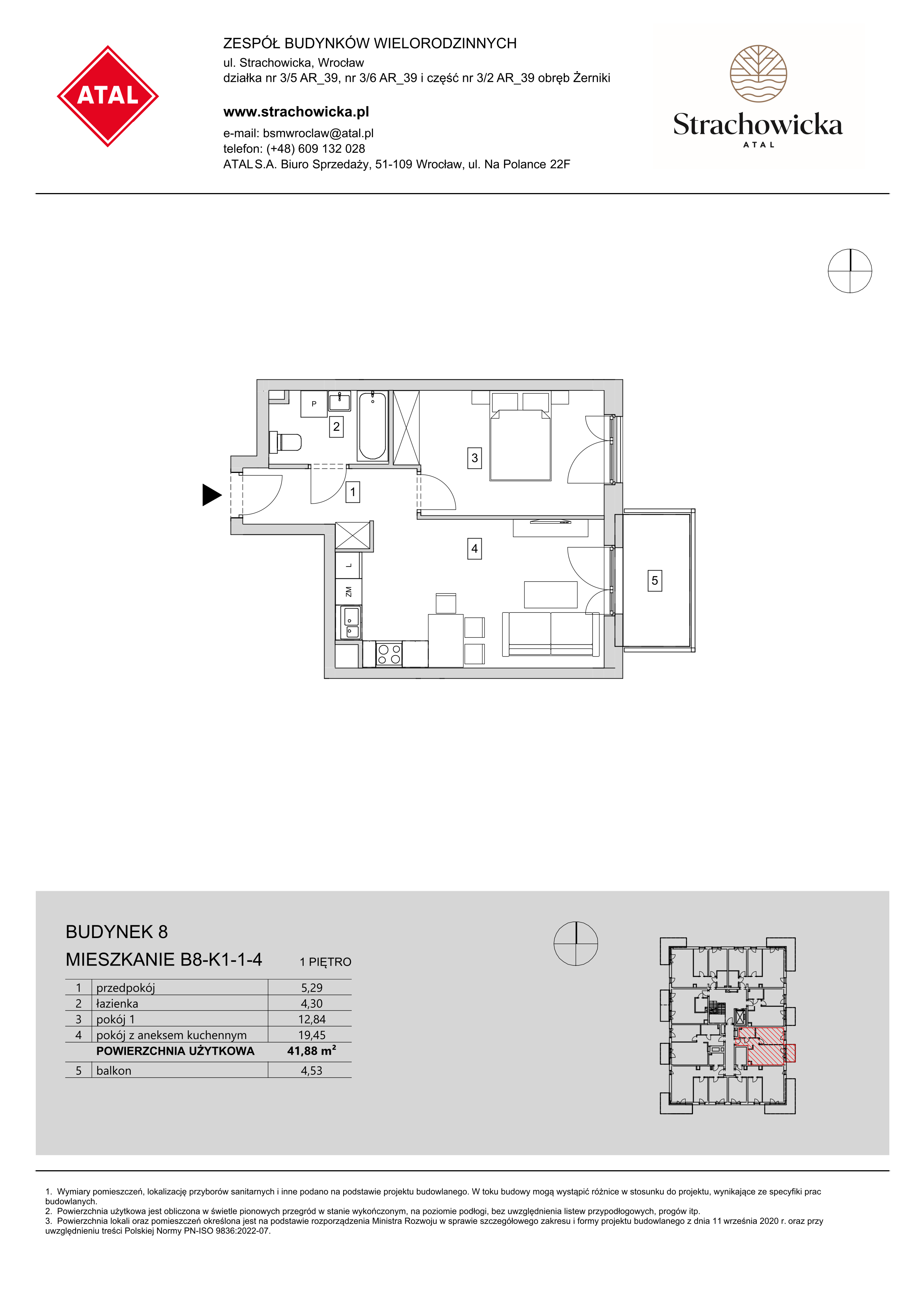 Mieszkanie 41,88 m², piętro 1, oferta nr B8-K1-1-4, ATAL Strachowicka, Wrocław, Żerniki, Fabryczna, ul. Strachowicka-idx