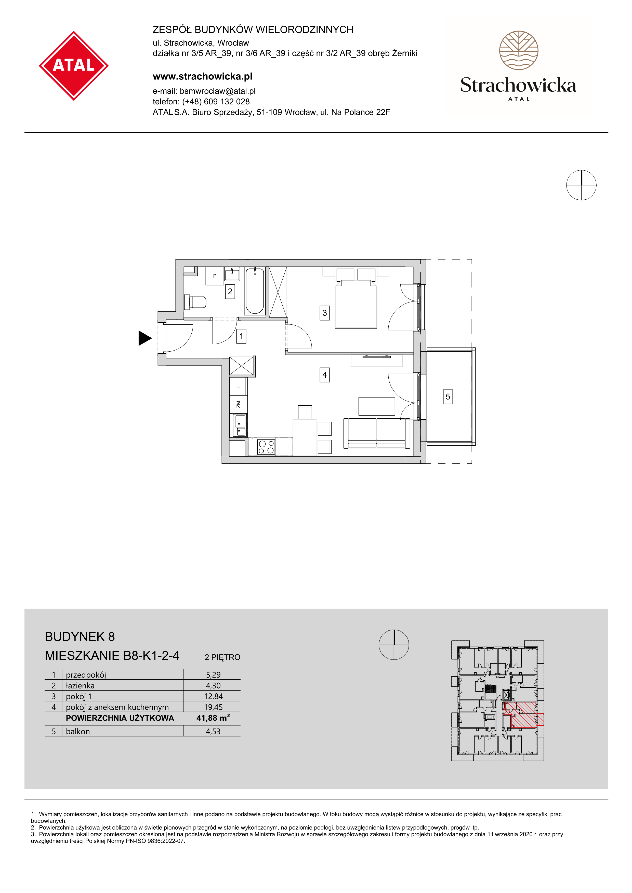 Mieszkanie 41,88 m², piętro 2, oferta nr B8-K1-2-4, ATAL Strachowicka, Wrocław, Żerniki, Fabryczna, ul. Strachowicka-idx