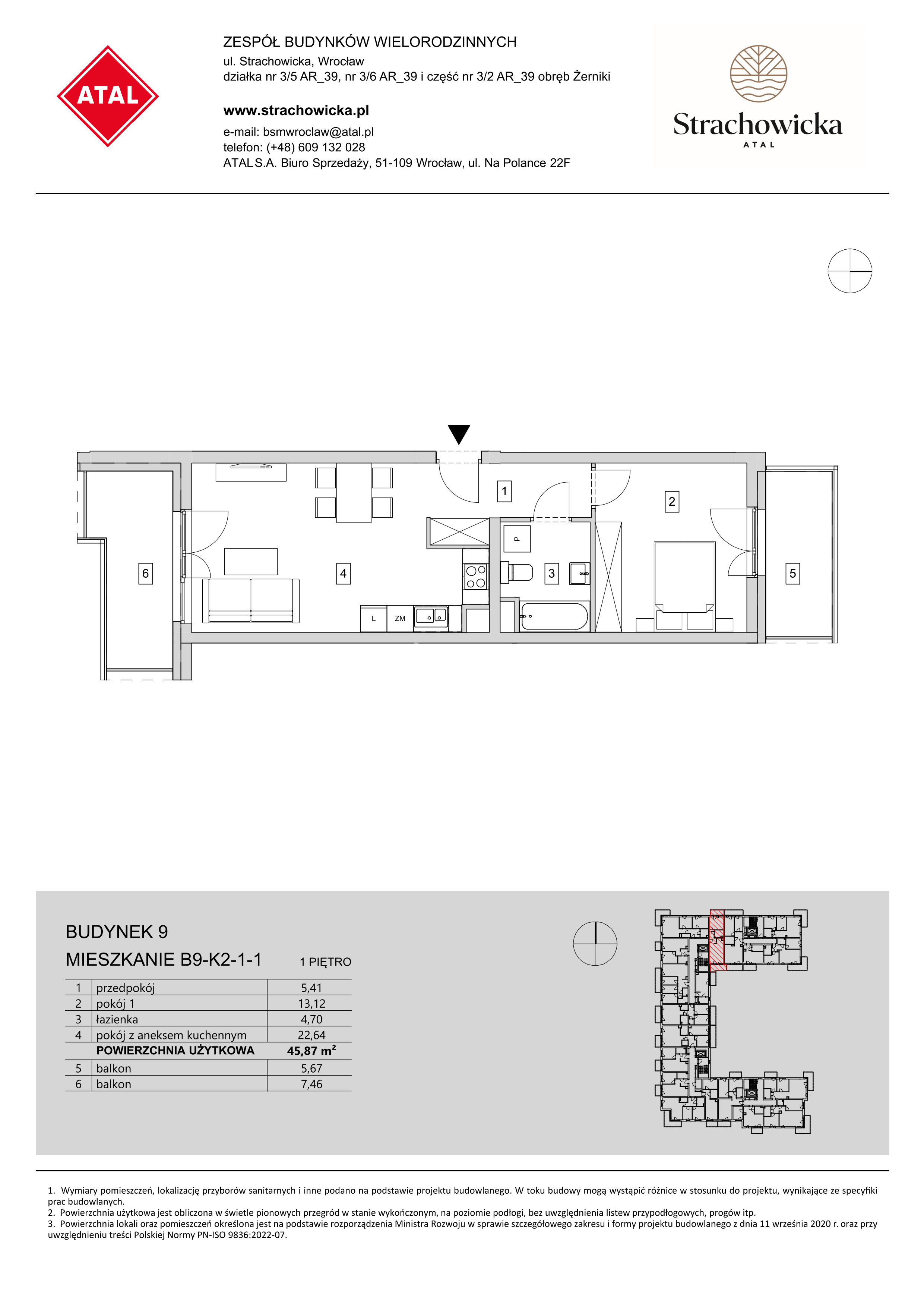 Mieszkanie 45,87 m², piętro 1, oferta nr B9-K2-1-1, ATAL Strachowicka, Wrocław, Żerniki, Fabryczna, ul. Strachowicka-idx