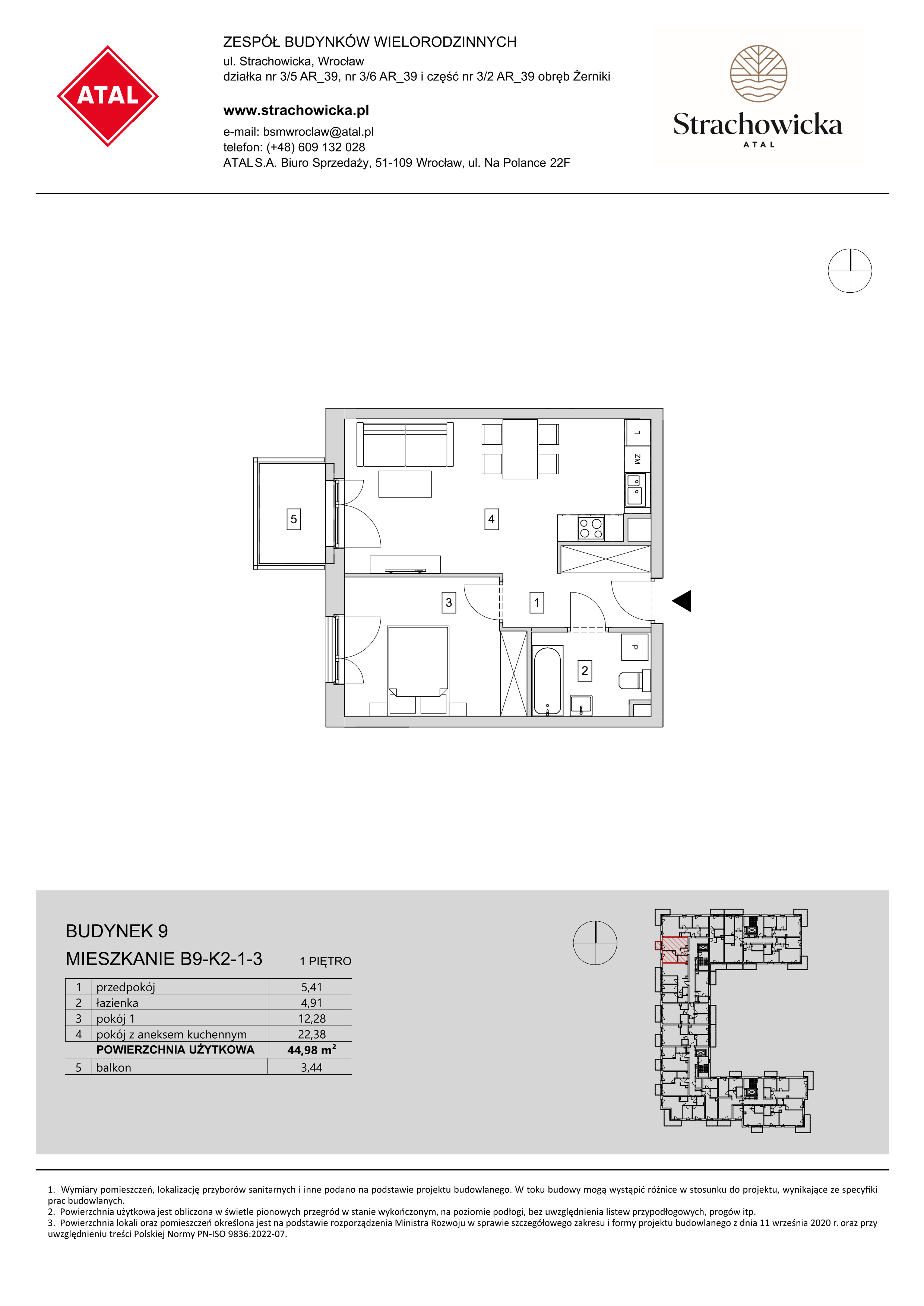 Mieszkanie 44,98 m², piętro 1, oferta nr B9-K2-1-3, ATAL Strachowicka, Wrocław, Żerniki, Fabryczna, ul. Strachowicka-idx