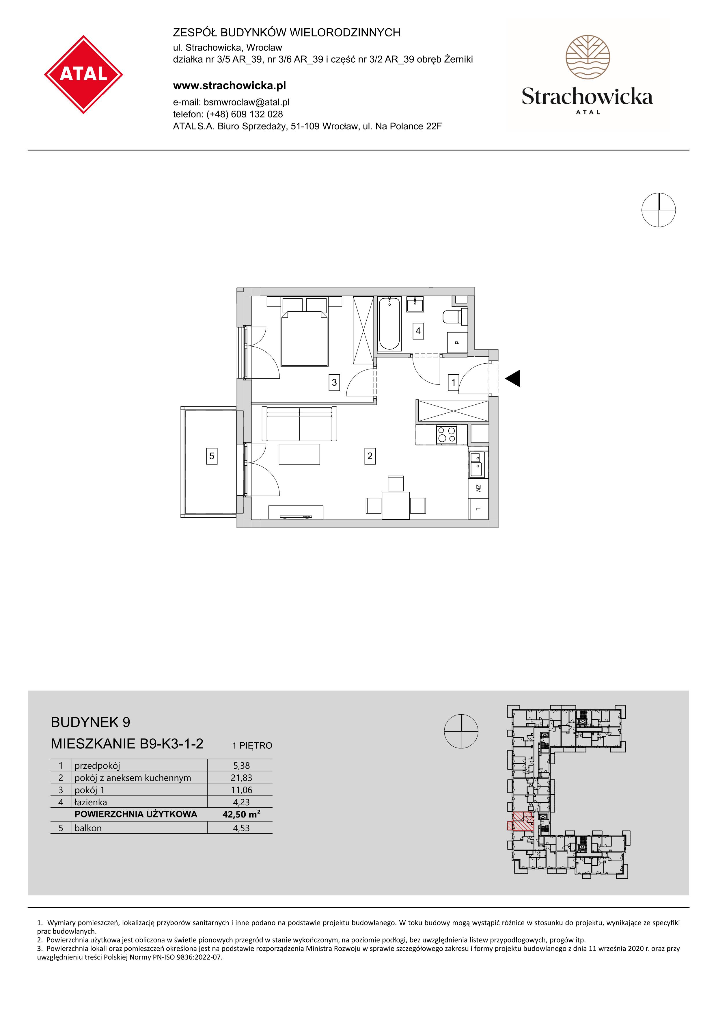 Mieszkanie 42,50 m², piętro 1, oferta nr B9-K3-1-2, ATAL Strachowicka, Wrocław, Żerniki, Fabryczna, ul. Strachowicka-idx