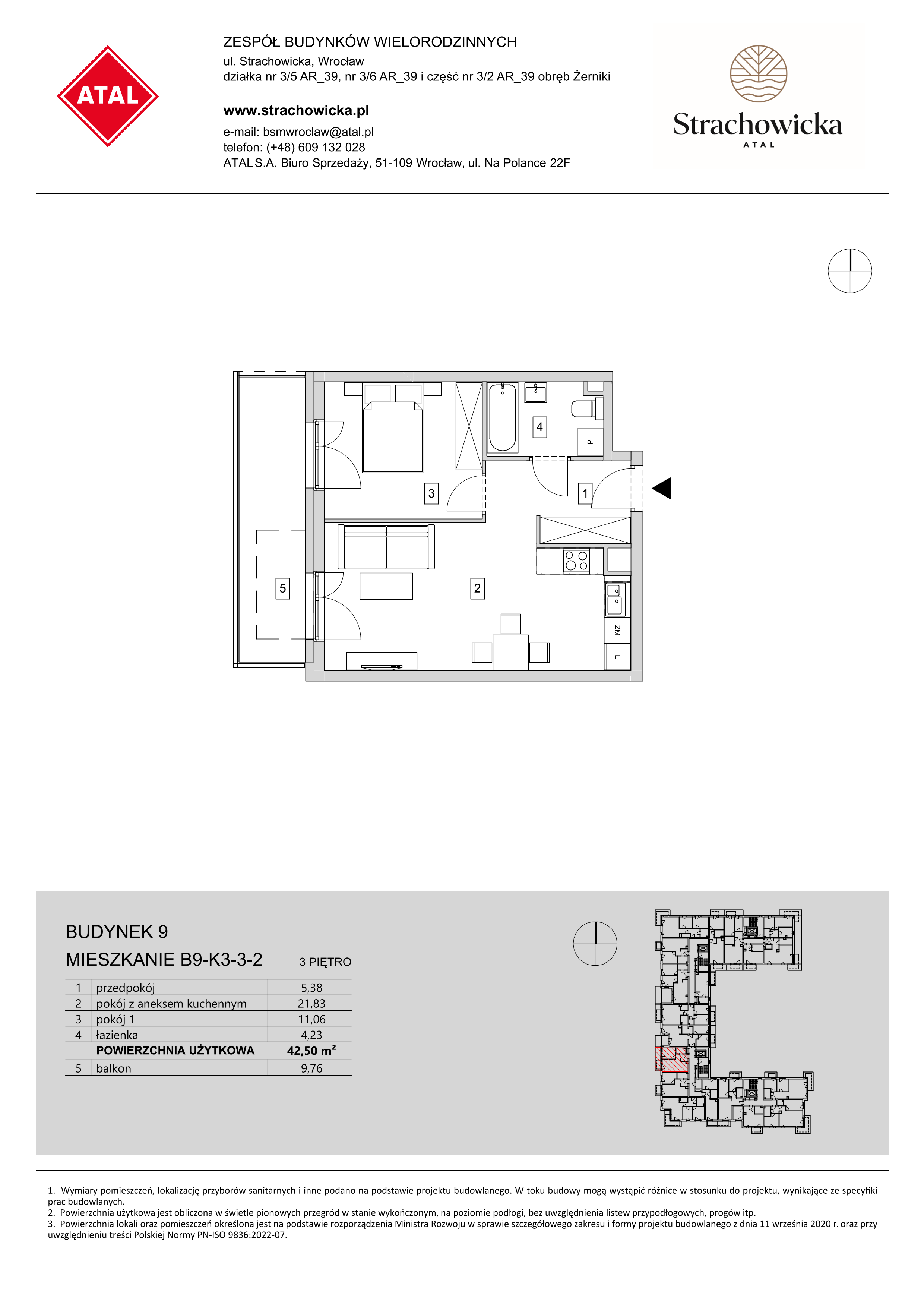 Mieszkanie 42,50 m², piętro 3, oferta nr B9-K3-3-2, ATAL Strachowicka, Wrocław, Żerniki, Fabryczna, ul. Strachowicka-idx