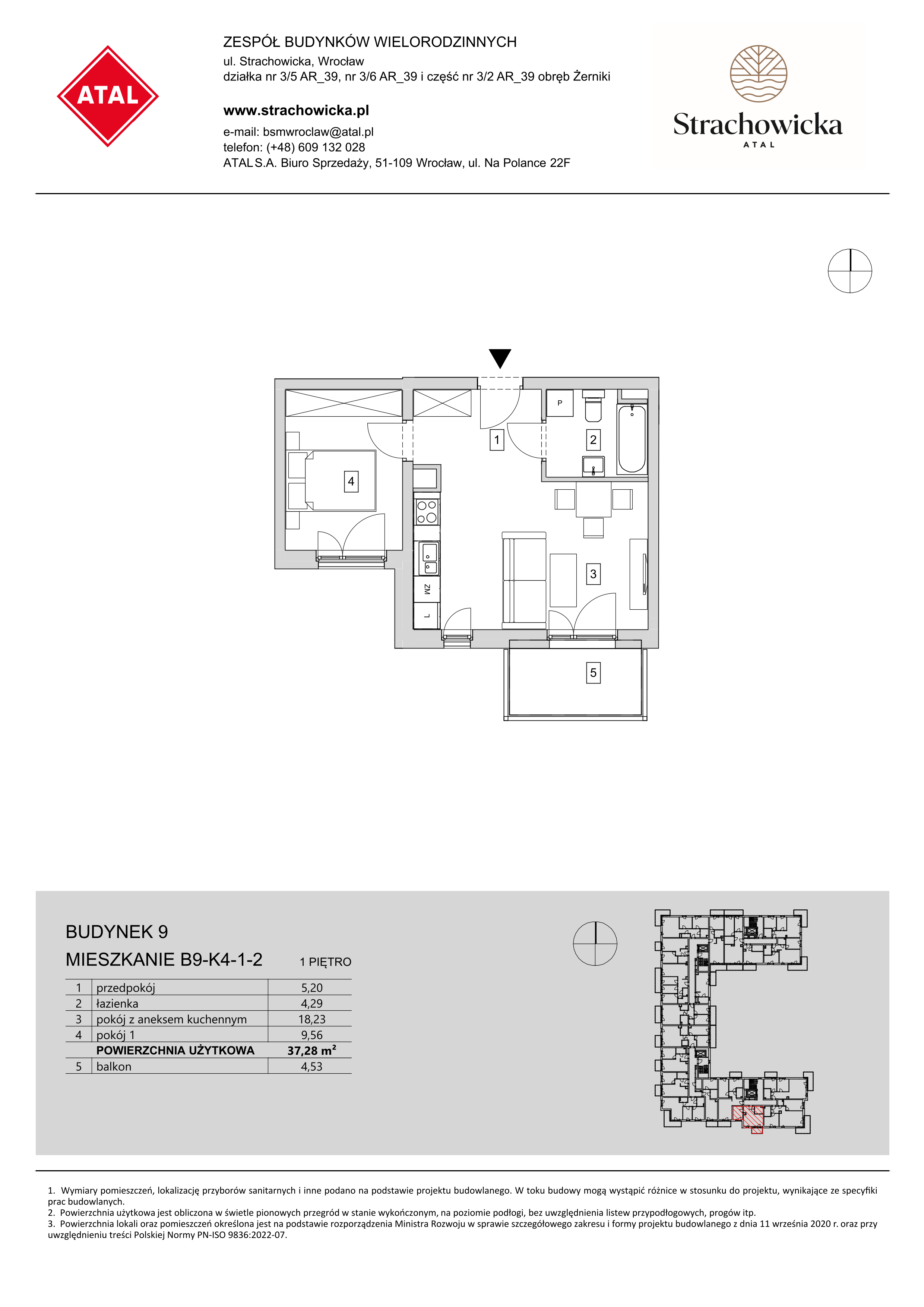 Mieszkanie 37,28 m², piętro 1, oferta nr B9-K4-1-2, ATAL Strachowicka, Wrocław, Żerniki, Fabryczna, ul. Strachowicka-idx