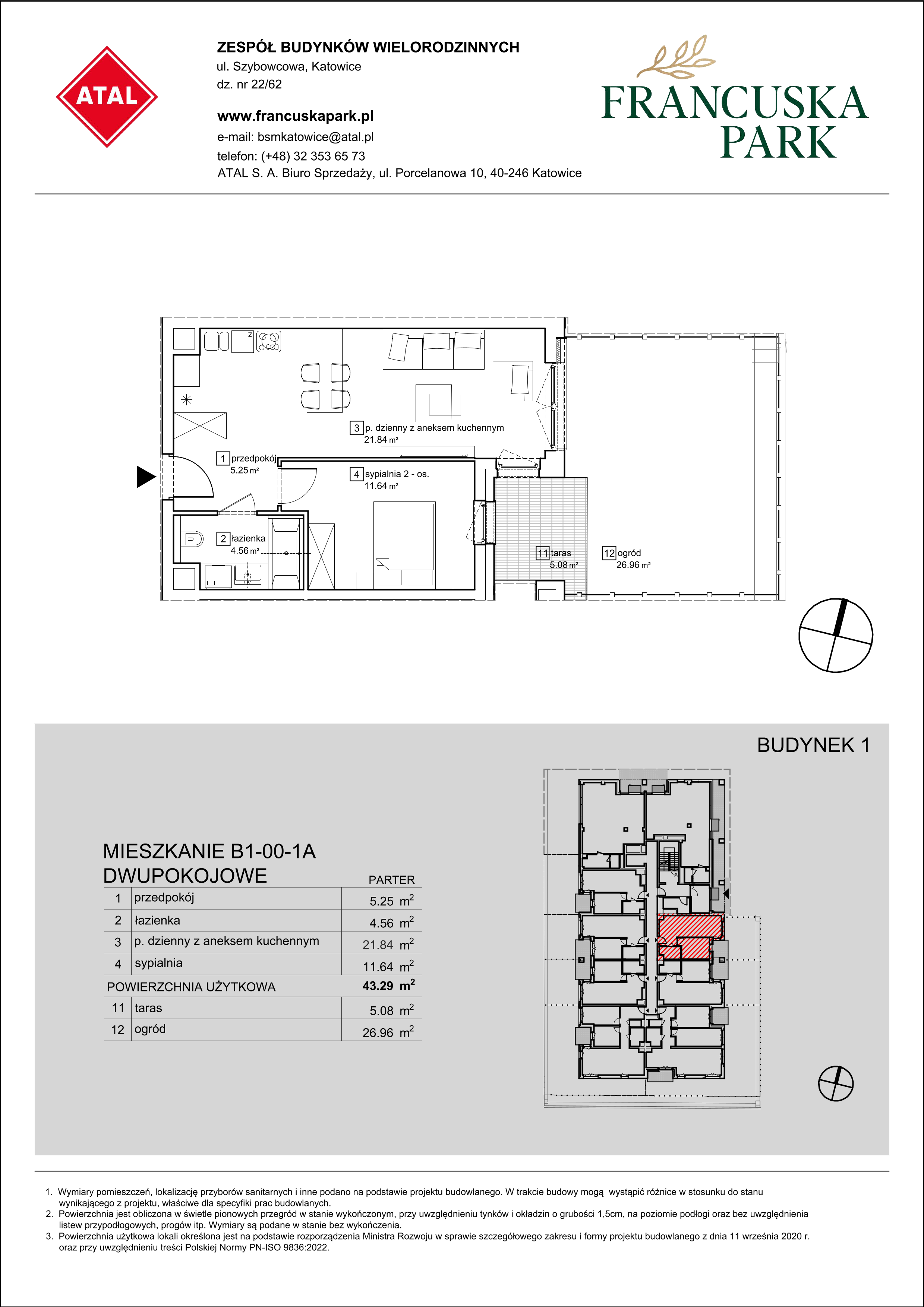 Mieszkanie 43,29 m², parter, oferta nr B1-00-1A, Francuska Park, Katowice, Osiedle Paderewskiego-Muchowiec, Muchowiec, ul. Szybowcowa-idx