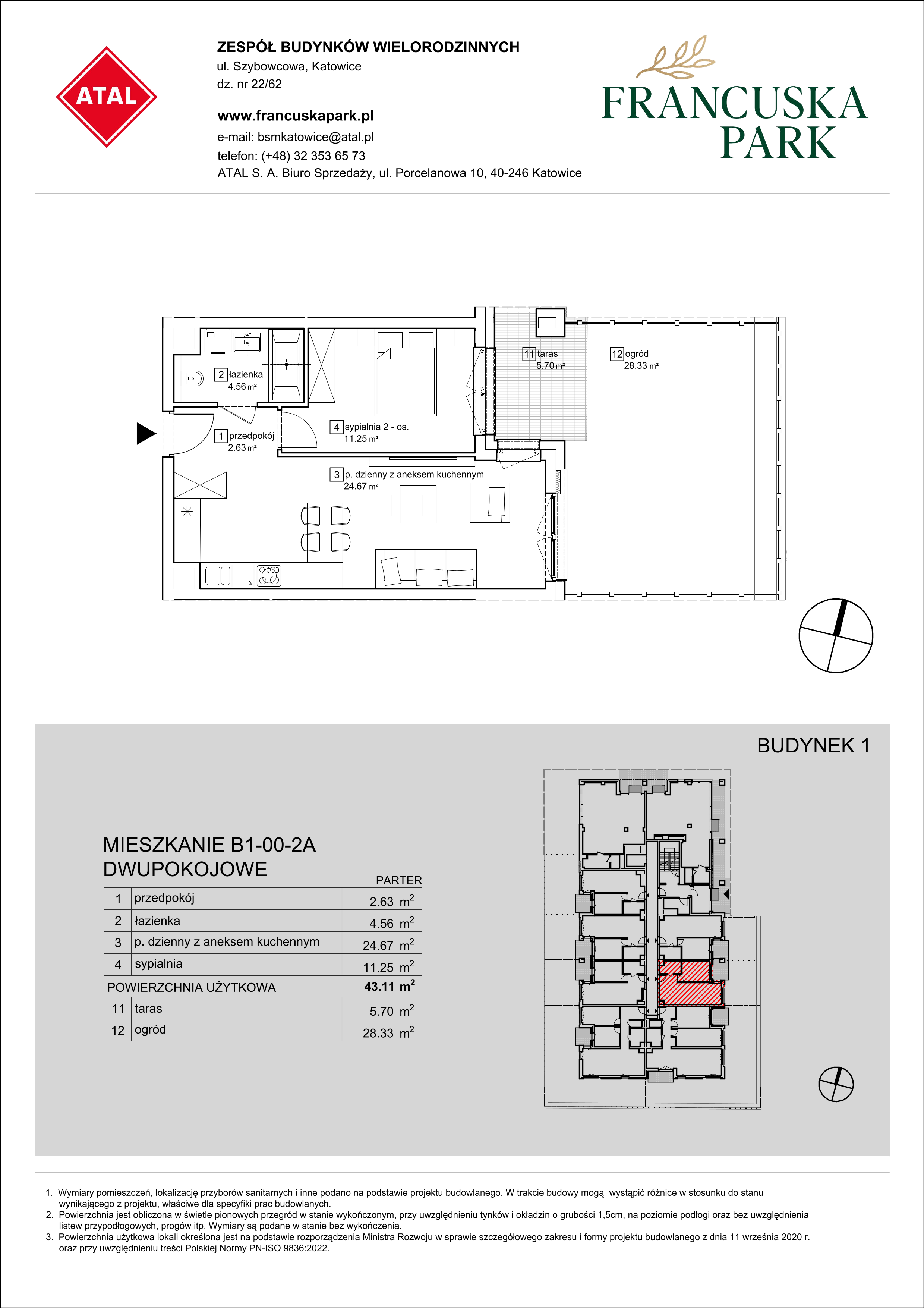 Mieszkanie 43,11 m², parter, oferta nr B1-00-2A, Francuska Park, Katowice, Osiedle Paderewskiego-Muchowiec, Muchowiec, ul. Szybowcowa-idx