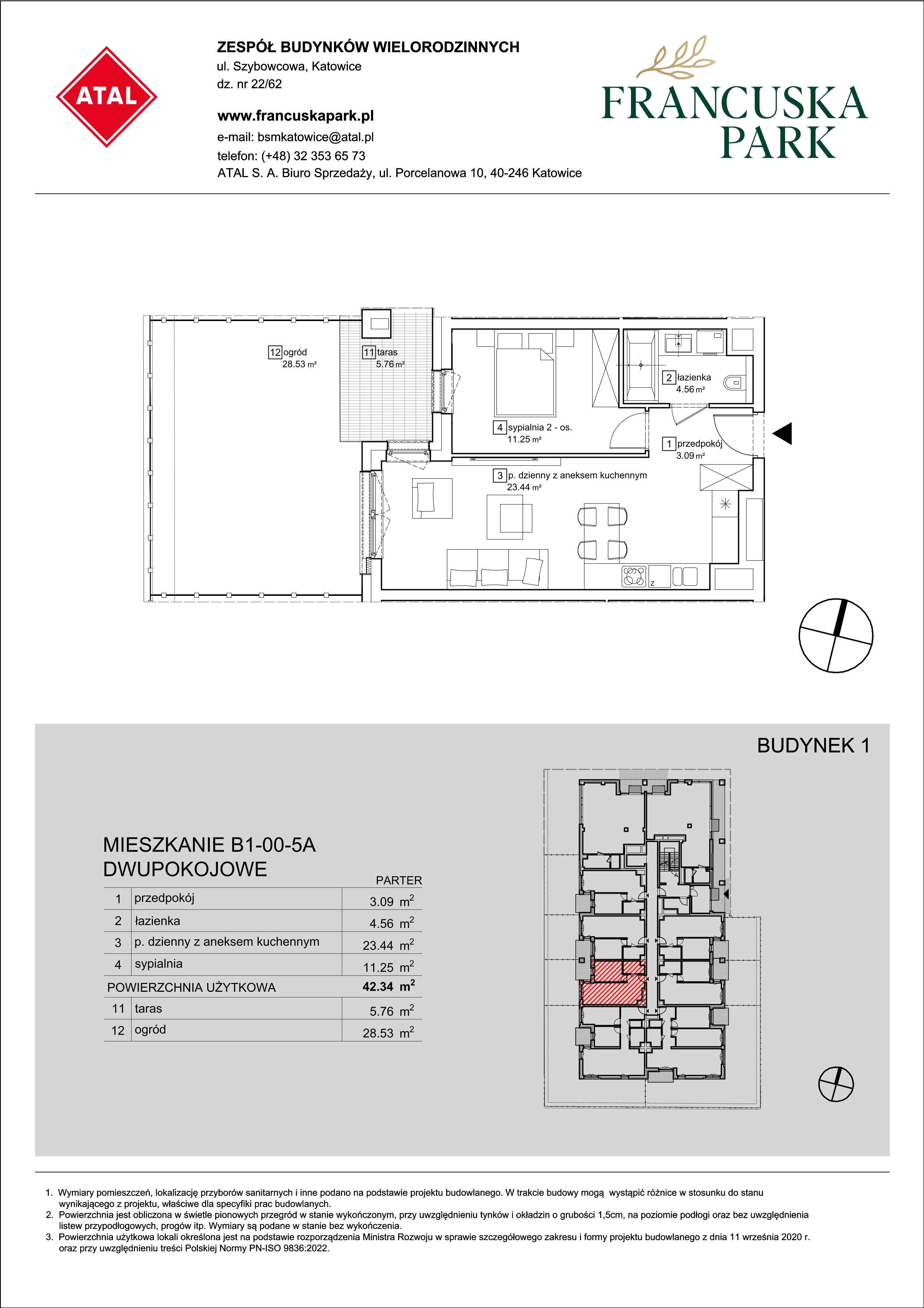 Mieszkanie 42,34 m², parter, oferta nr B1-00-5A, Francuska Park, Katowice, Osiedle Paderewskiego-Muchowiec, Muchowiec, ul. Szybowcowa-idx