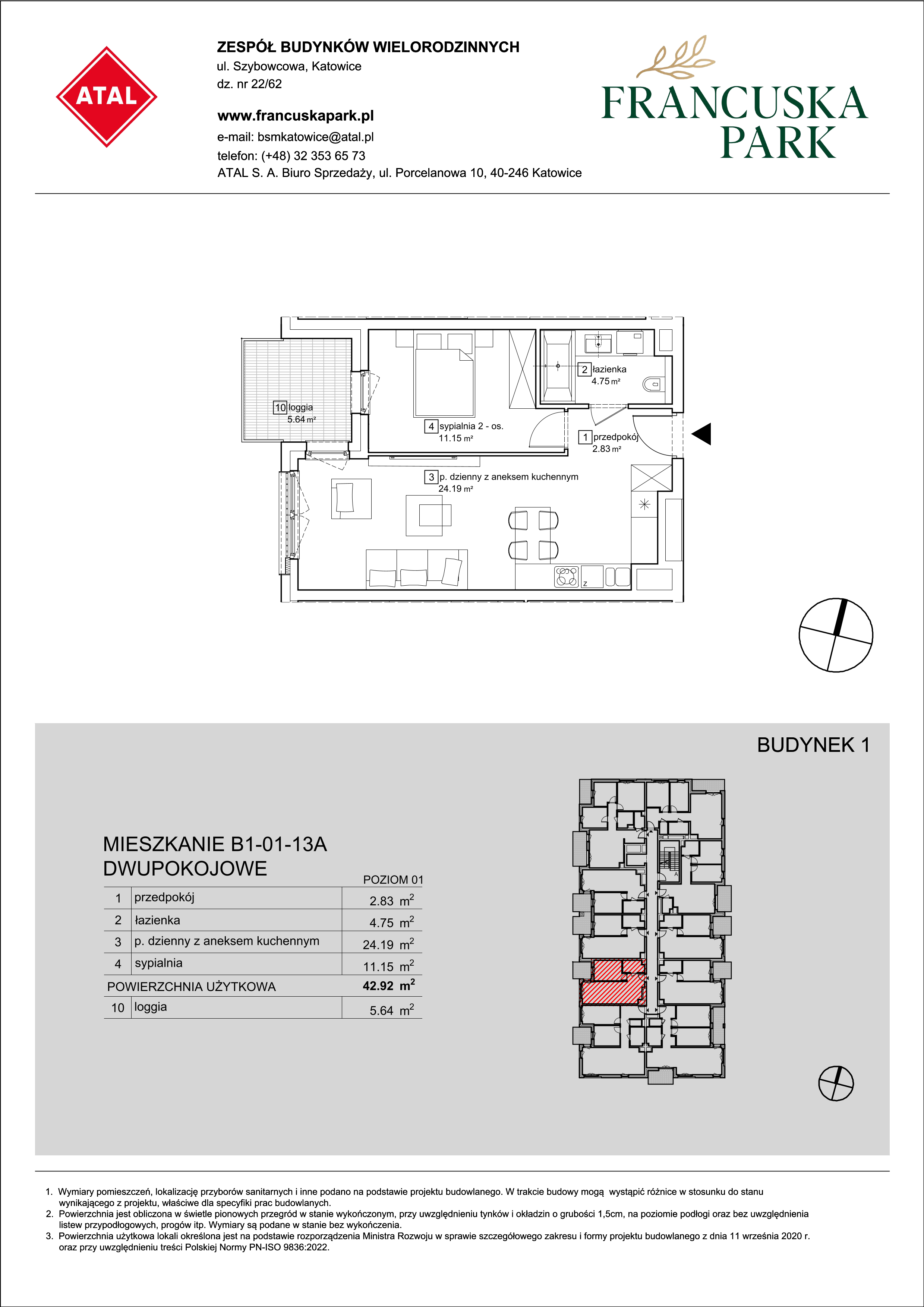 Mieszkanie 42,92 m², piętro 1, oferta nr B1-01-13A, Francuska Park, Katowice, Osiedle Paderewskiego-Muchowiec, Muchowiec, ul. Szybowcowa-idx