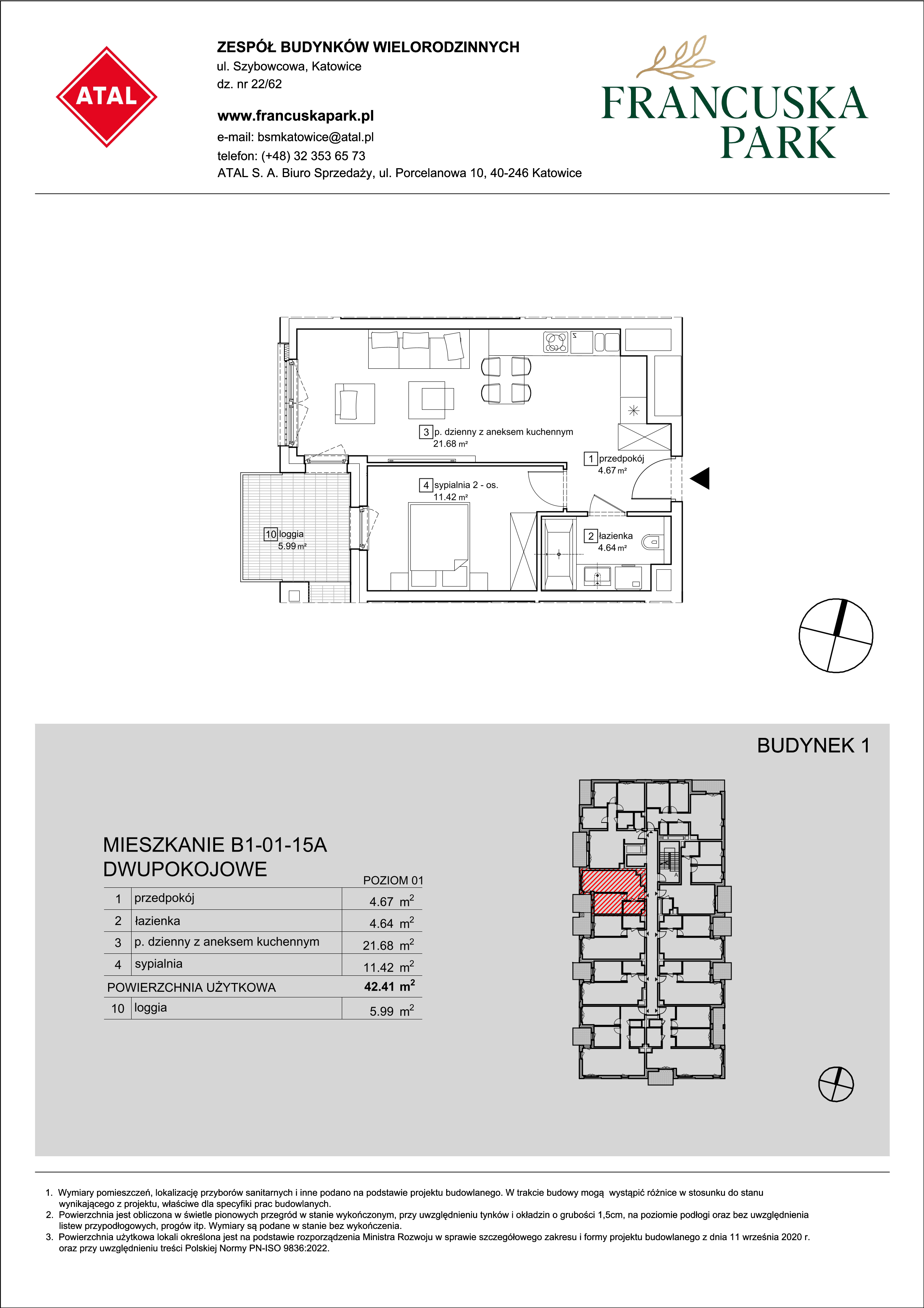 Mieszkanie 42,41 m², piętro 1, oferta nr B1-01-15A, Francuska Park, Katowice, Osiedle Paderewskiego-Muchowiec, Muchowiec, ul. Szybowcowa-idx