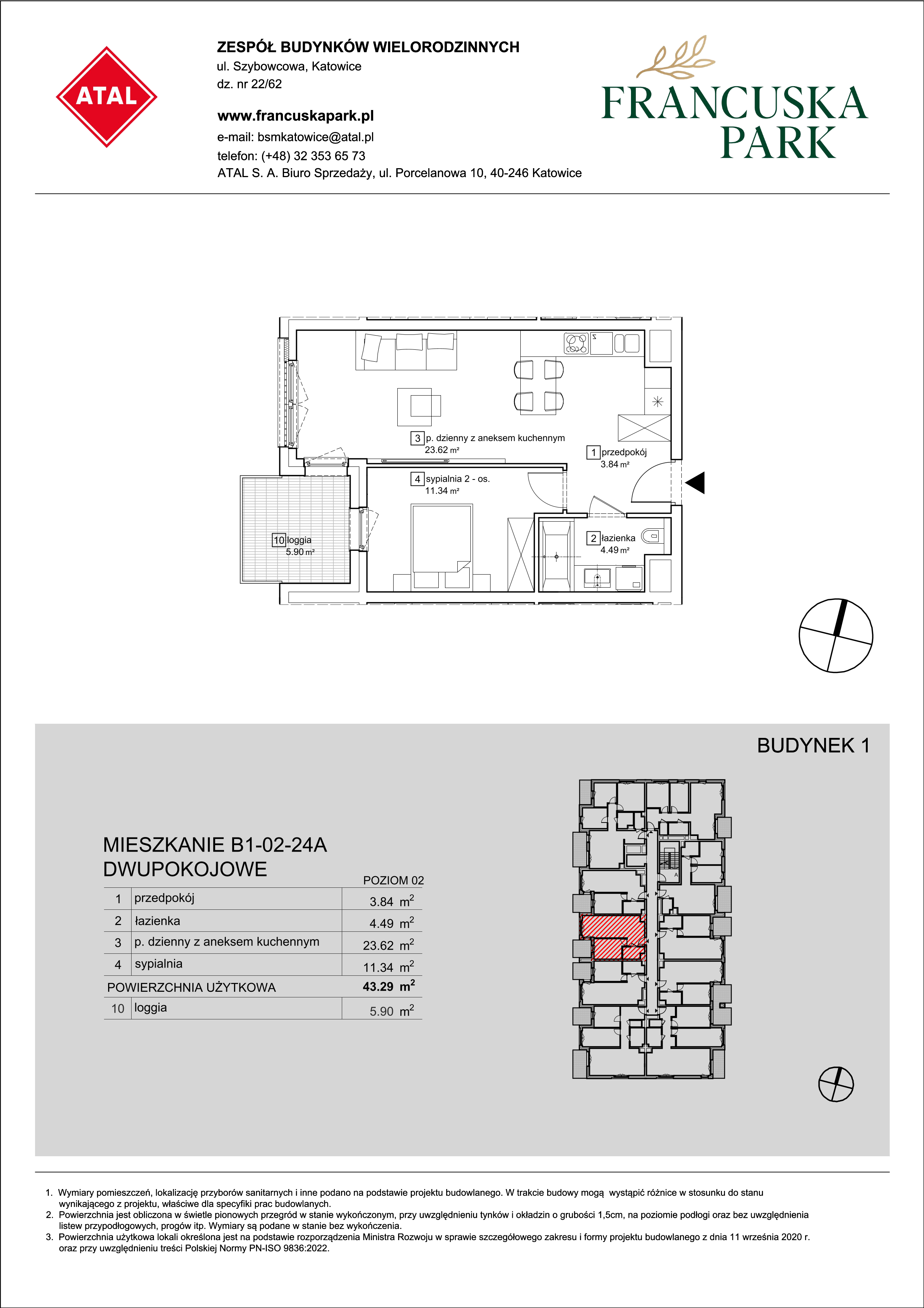 Mieszkanie 43,29 m², piętro 2, oferta nr B1-02-24A, Francuska Park, Katowice, Osiedle Paderewskiego-Muchowiec, Muchowiec, ul. Szybowcowa-idx