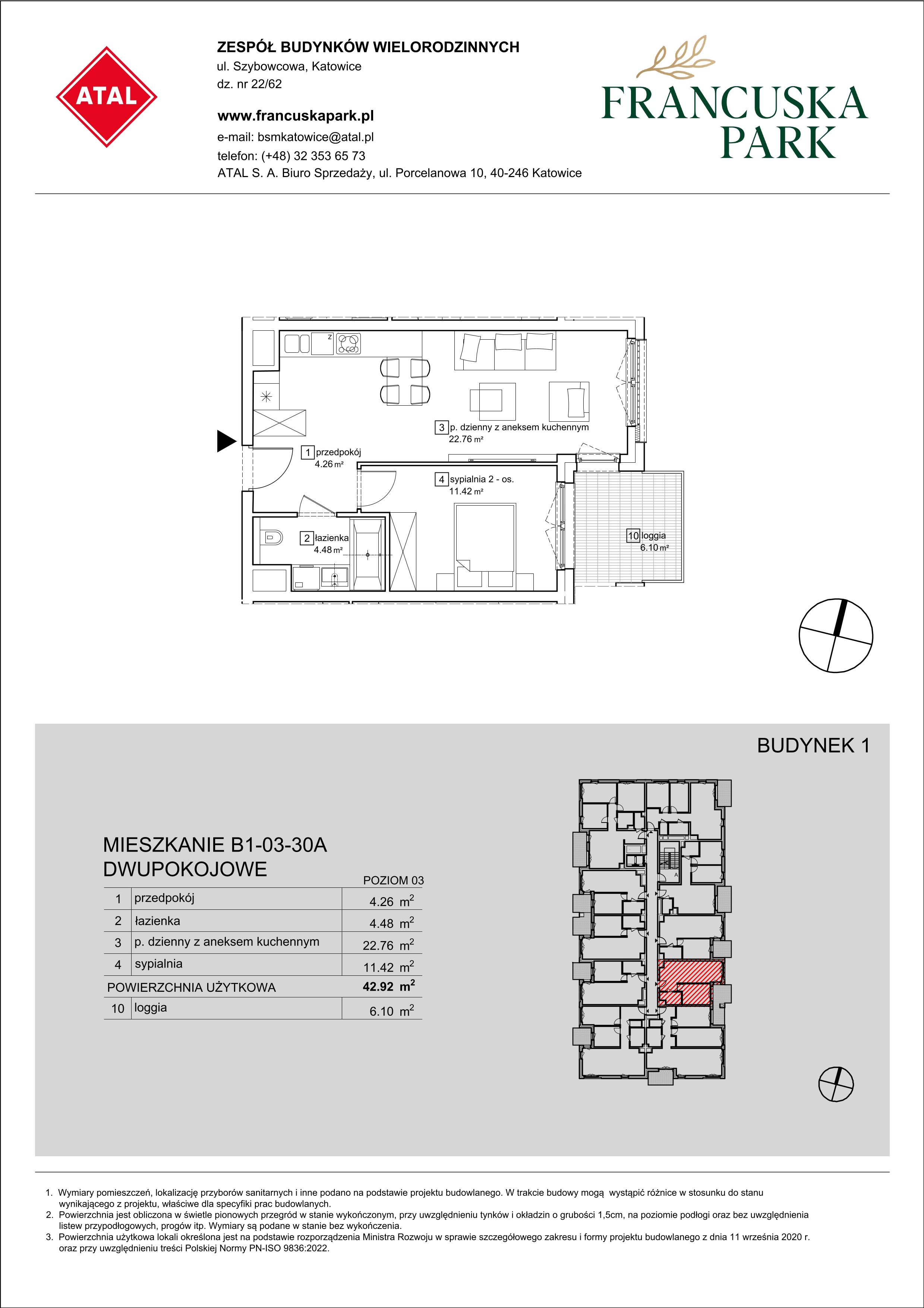 Mieszkanie 42,92 m², piętro 3, oferta nr B1-03-30A, Francuska Park, Katowice, Osiedle Paderewskiego-Muchowiec, Muchowiec, ul. Szybowcowa-idx