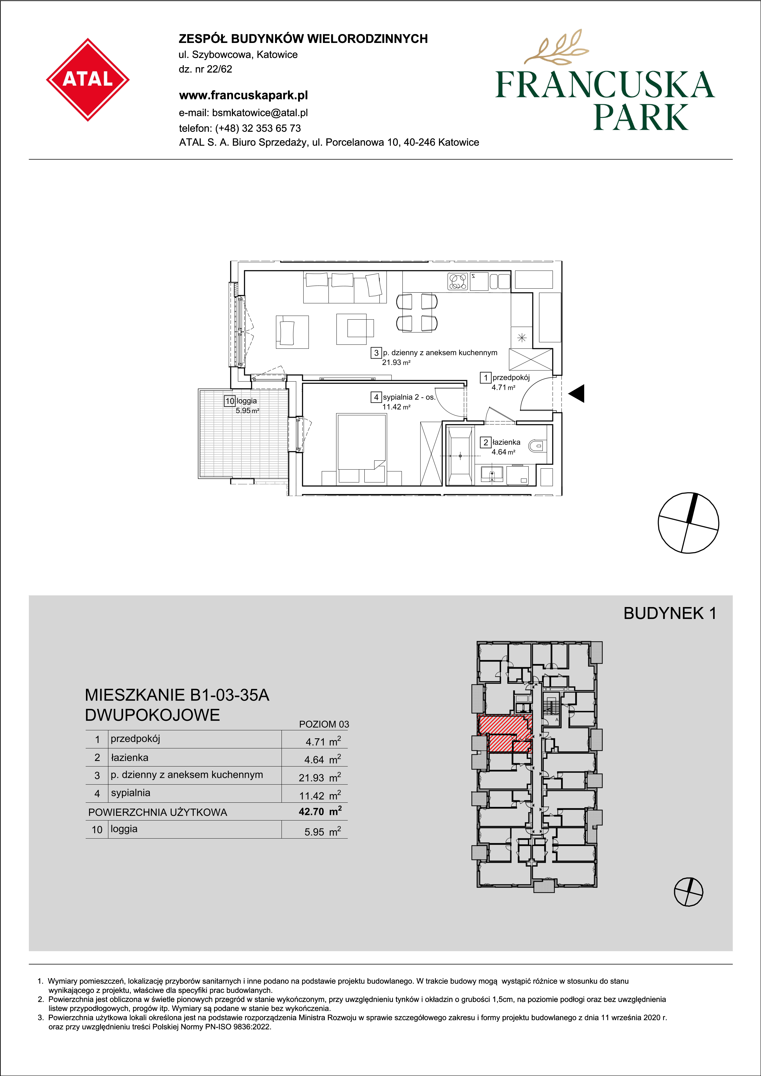 Mieszkanie 42,70 m², piętro 3, oferta nr B1-03-35A, Francuska Park, Katowice, Osiedle Paderewskiego-Muchowiec, Muchowiec, ul. Szybowcowa-idx