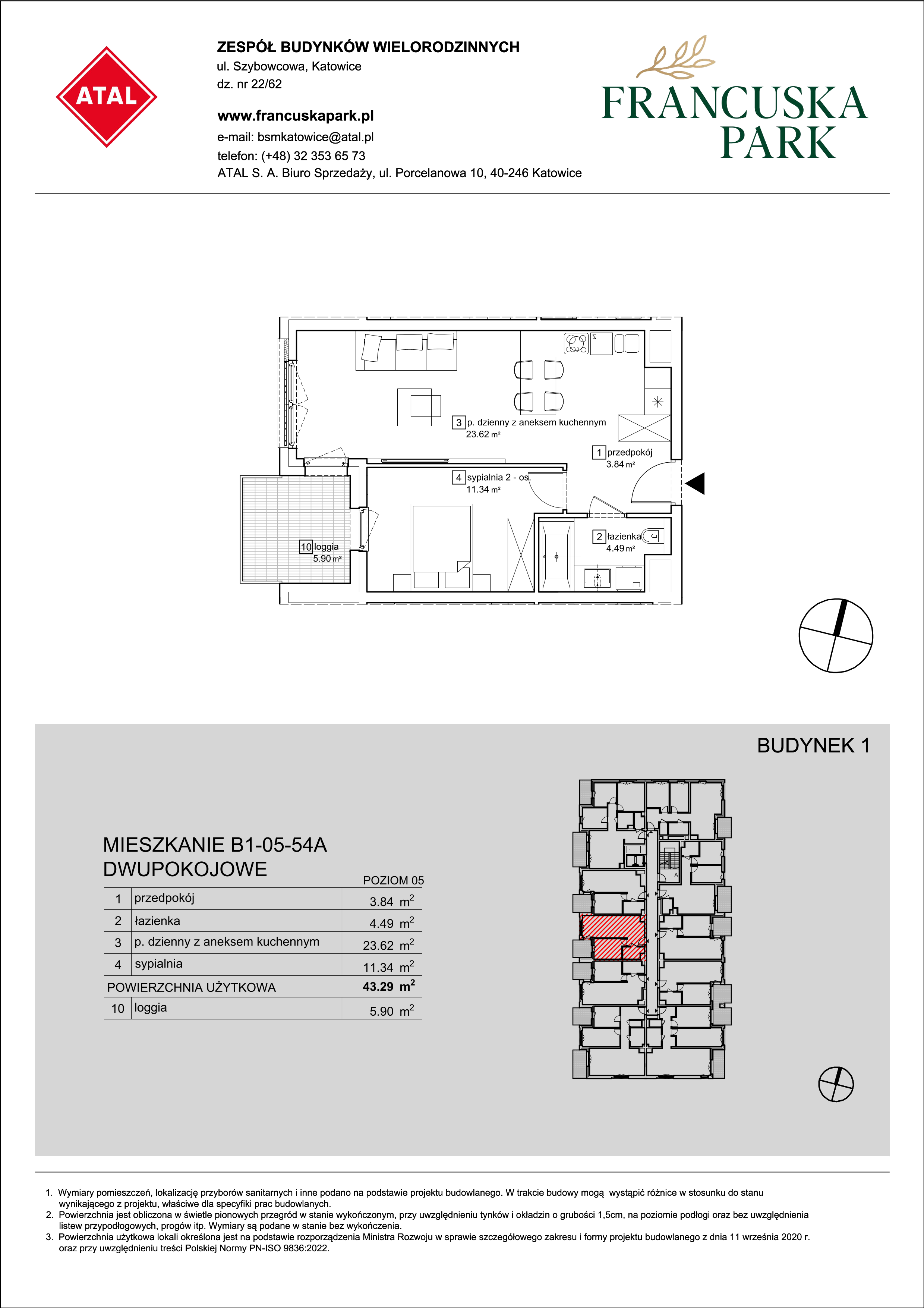 Mieszkanie 43,29 m², piętro 5, oferta nr B1-05-54A, Francuska Park, Katowice, Osiedle Paderewskiego-Muchowiec, Muchowiec, ul. Szybowcowa-idx