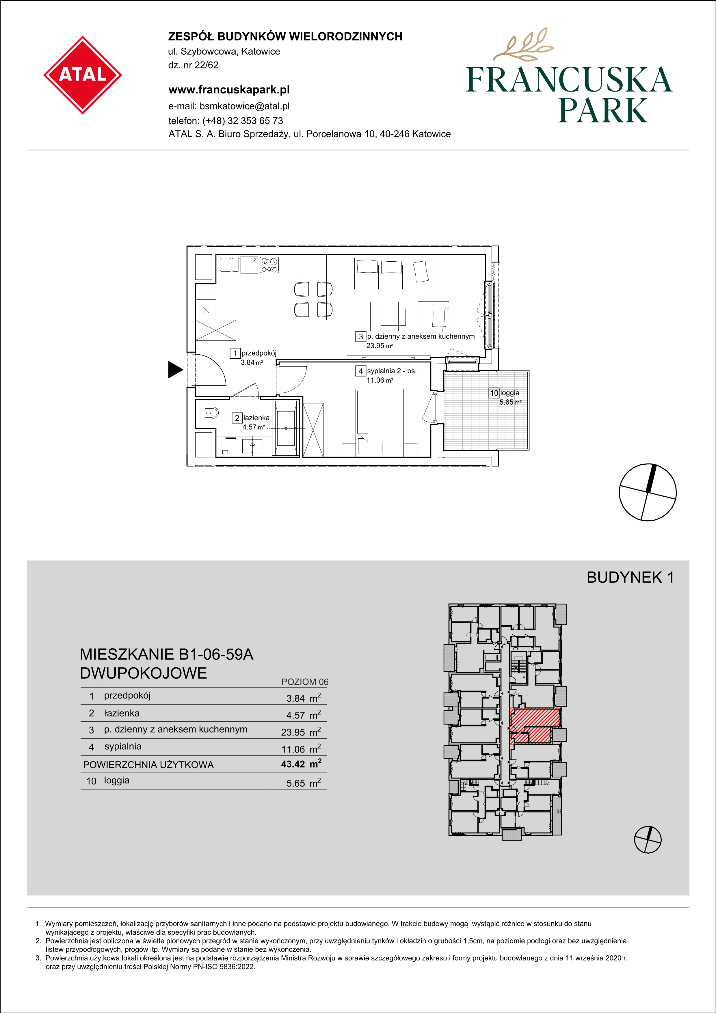 Mieszkanie 43,42 m², piętro 6, oferta nr B1-06-59A, Francuska Park, Katowice, Osiedle Paderewskiego-Muchowiec, Muchowiec, ul. Szybowcowa-idx