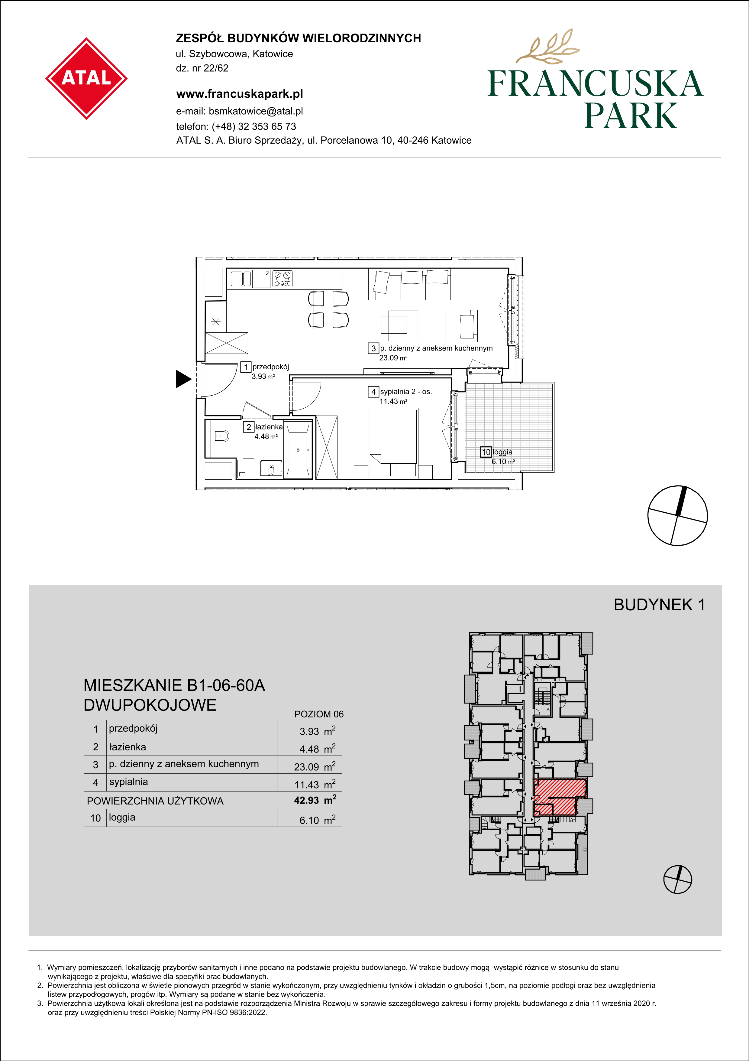 Mieszkanie 42,93 m², piętro 6, oferta nr B1-06-60A, Francuska Park, Katowice, Osiedle Paderewskiego-Muchowiec, Muchowiec, ul. Szybowcowa-idx