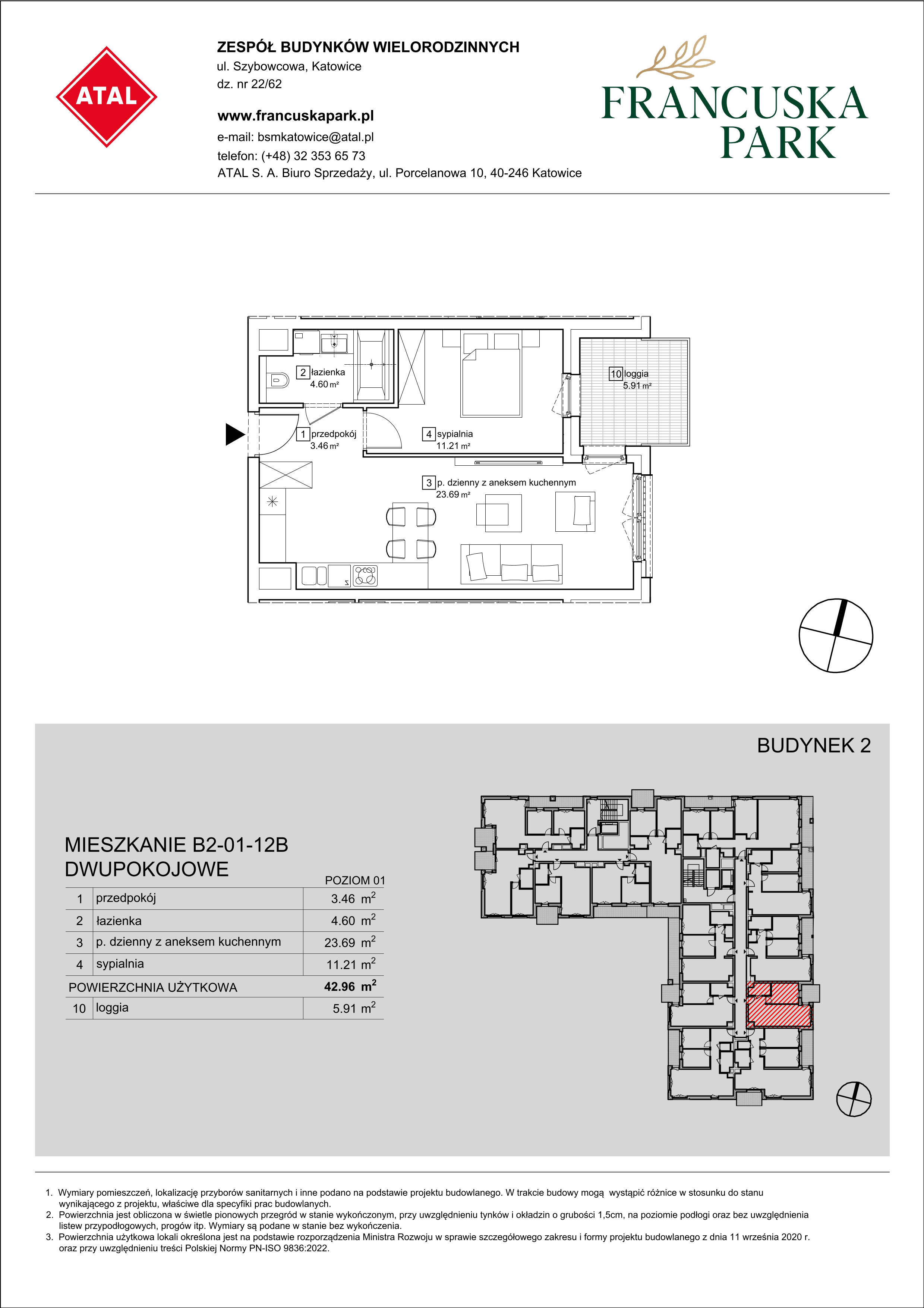 Mieszkanie 42,96 m², piętro 1, oferta nr B2-01-12B, Francuska Park, Katowice, Osiedle Paderewskiego-Muchowiec, Muchowiec, ul. Szybowcowa-idx