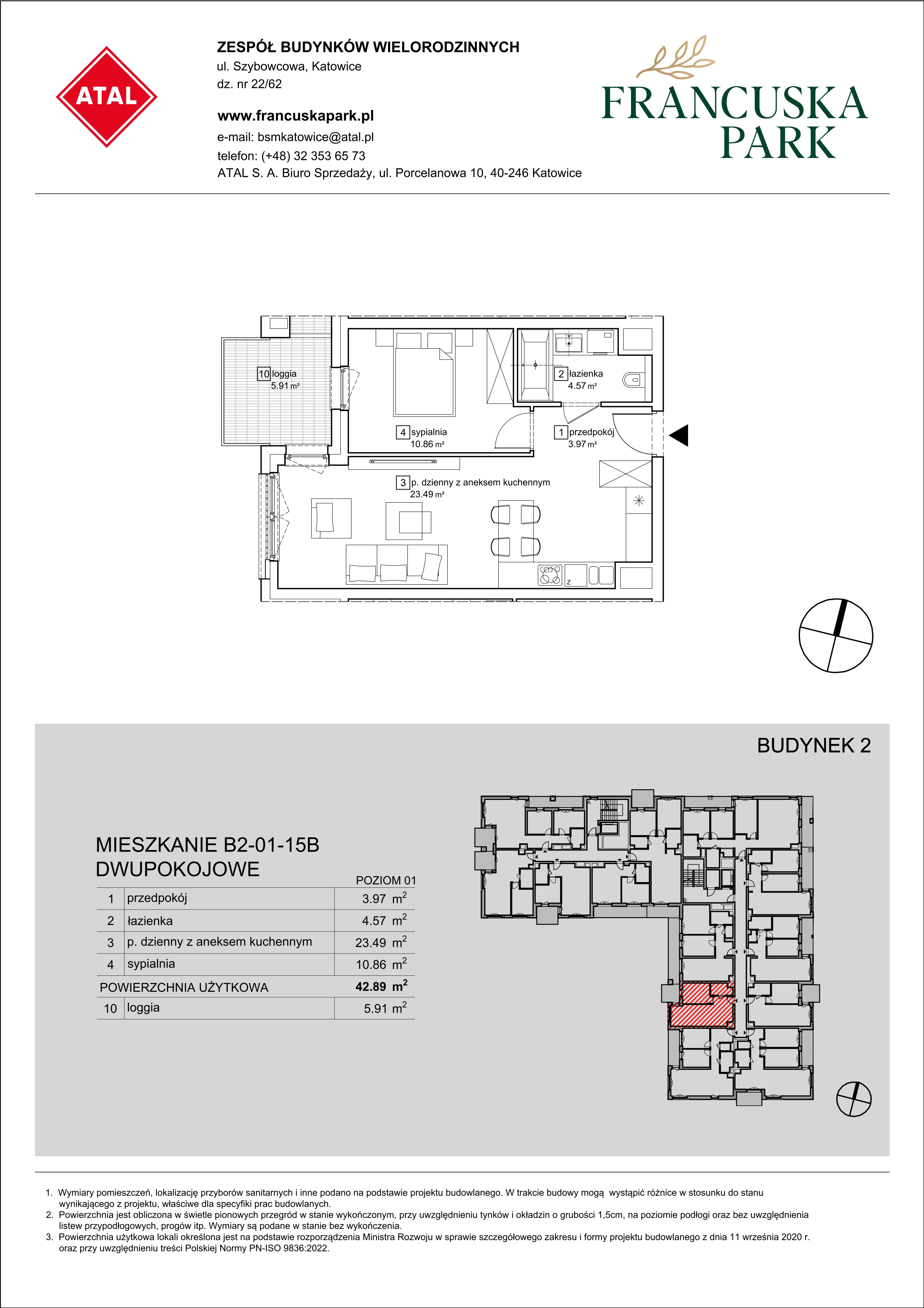 Mieszkanie 42,89 m², piętro 1, oferta nr B2-01-15B, Francuska Park, Katowice, Osiedle Paderewskiego-Muchowiec, Muchowiec, ul. Szybowcowa-idx