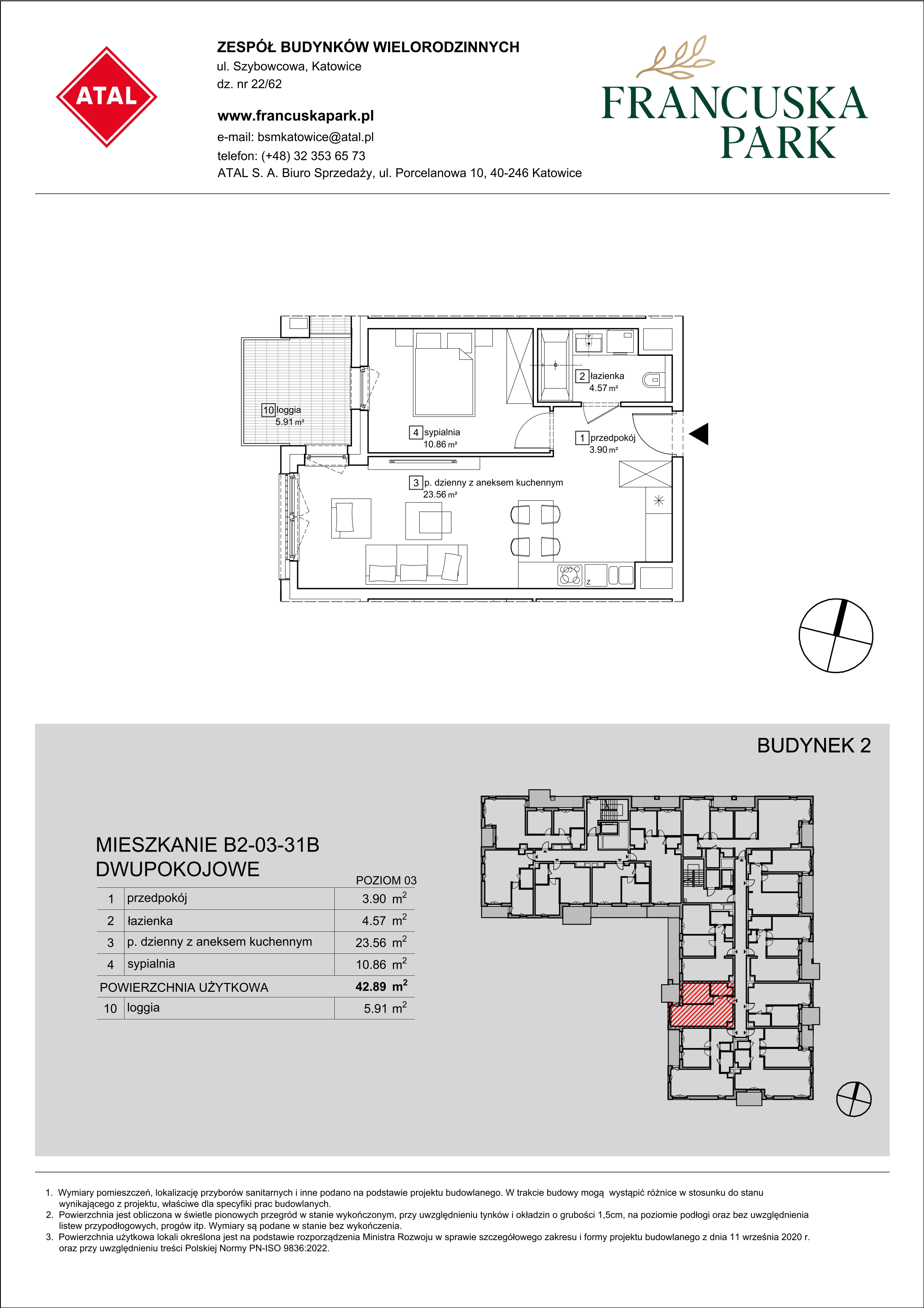 Mieszkanie 42,89 m², piętro 3, oferta nr B2-03-31B, Francuska Park, Katowice, Osiedle Paderewskiego-Muchowiec, Muchowiec, ul. Szybowcowa-idx