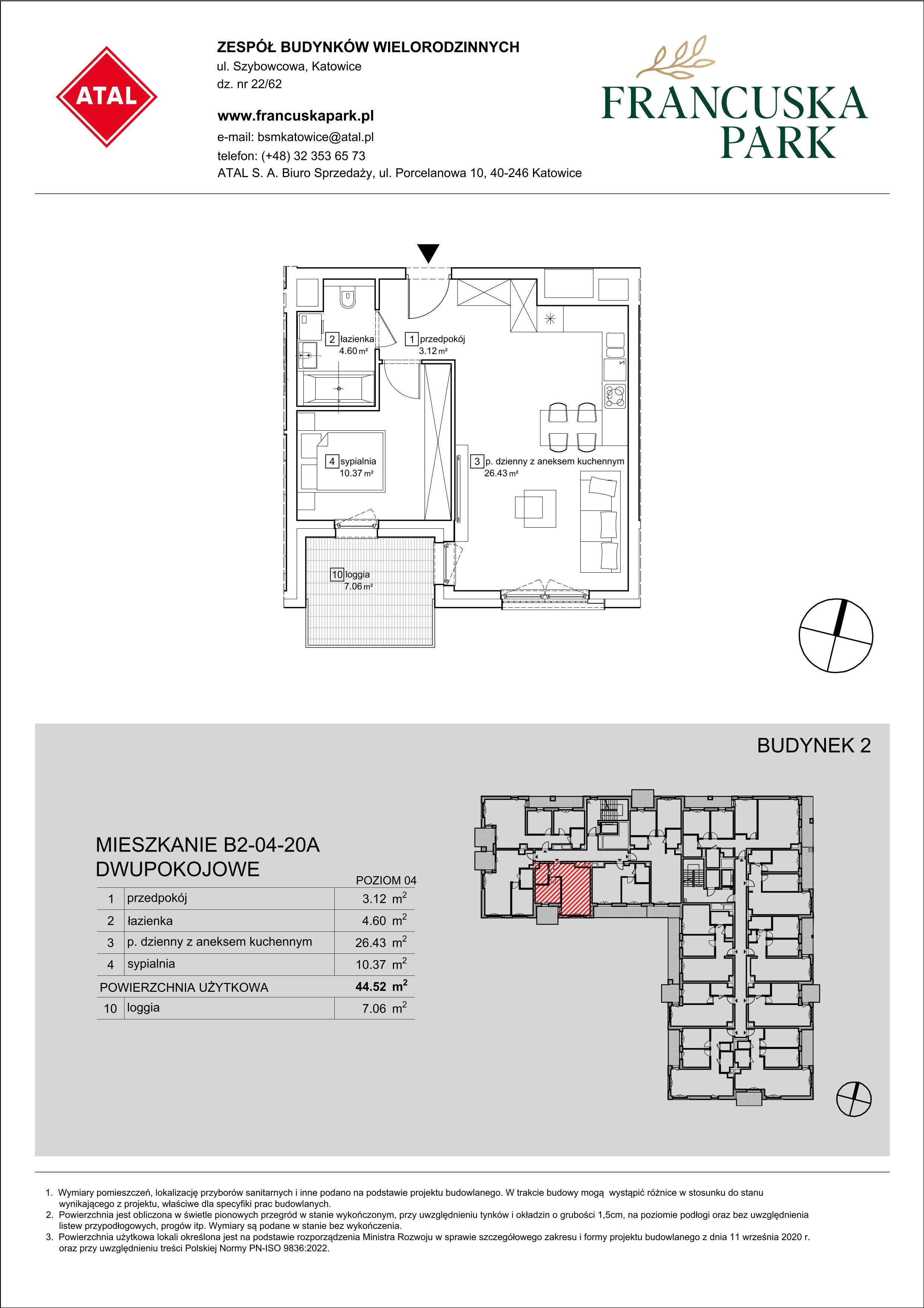 Mieszkanie 44,52 m², piętro 4, oferta nr B2-04-20A, Francuska Park, Katowice, Osiedle Paderewskiego-Muchowiec, Muchowiec, ul. Szybowcowa-idx