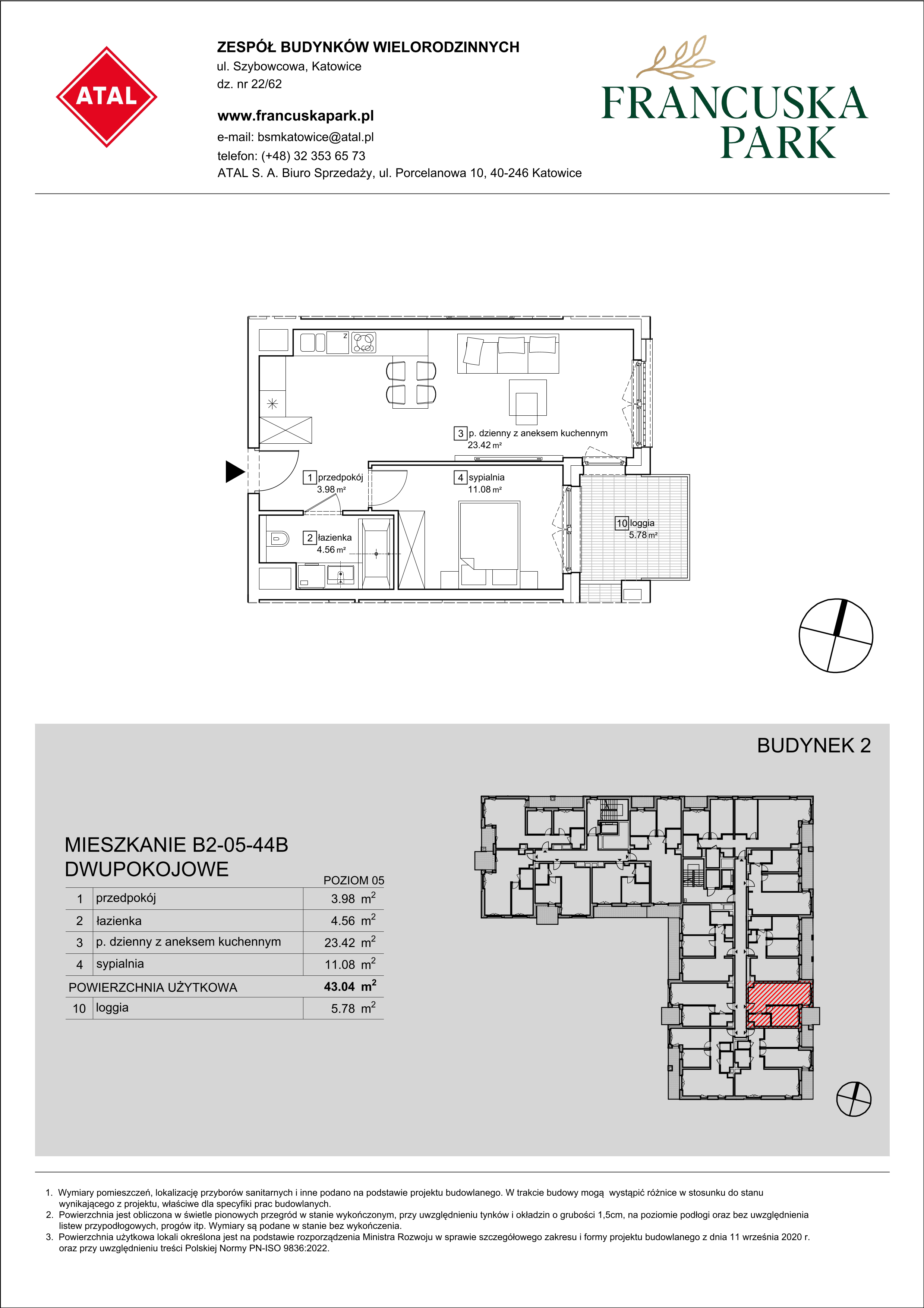 Mieszkanie 43,10 m², piętro 5, oferta nr B2-05-44B, Francuska Park, Katowice, Osiedle Paderewskiego-Muchowiec, Muchowiec, ul. Szybowcowa-idx