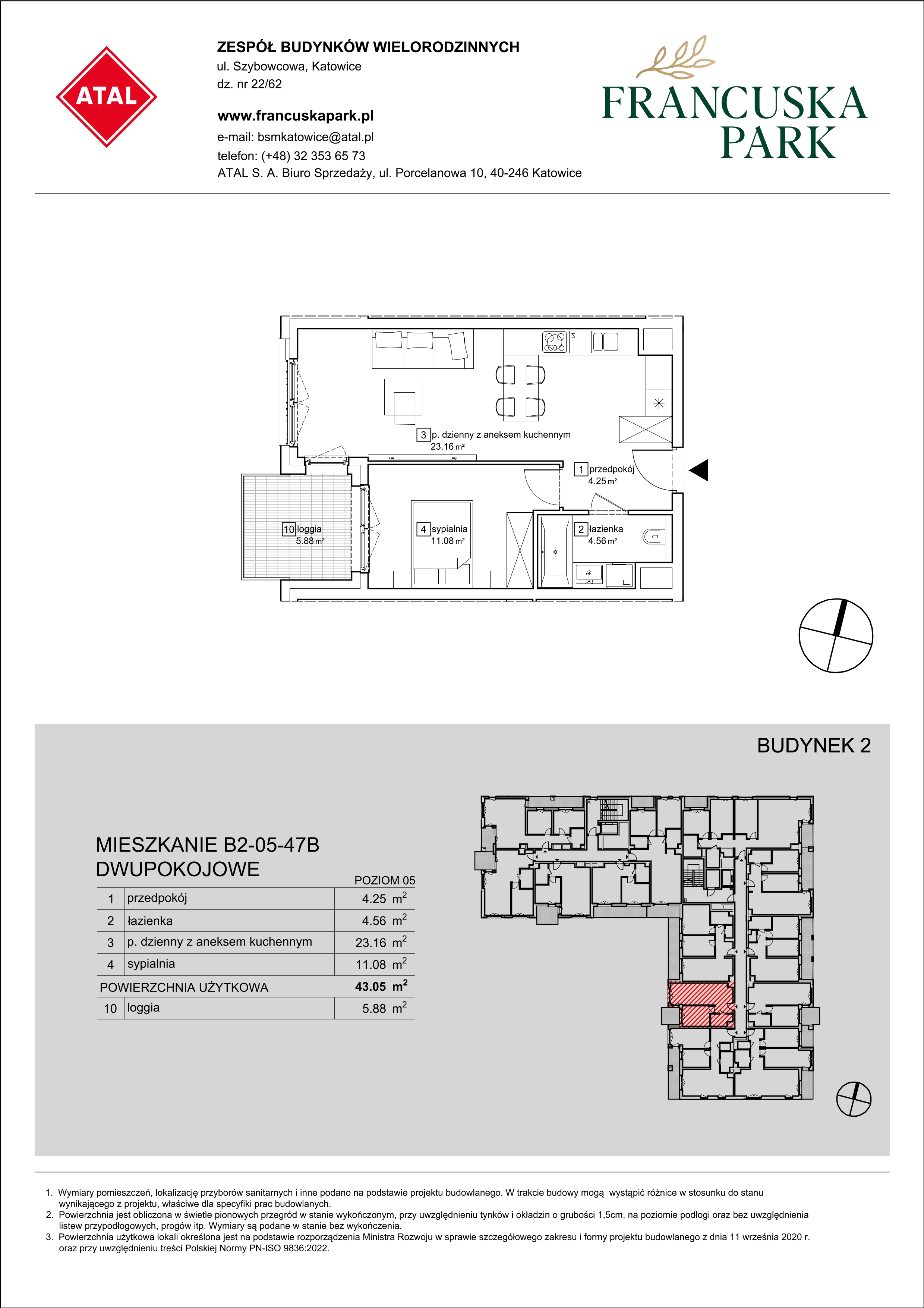 Mieszkanie 43,05 m², piętro 5, oferta nr B2-05-47B, Francuska Park, Katowice, Osiedle Paderewskiego-Muchowiec, Muchowiec, ul. Szybowcowa-idx