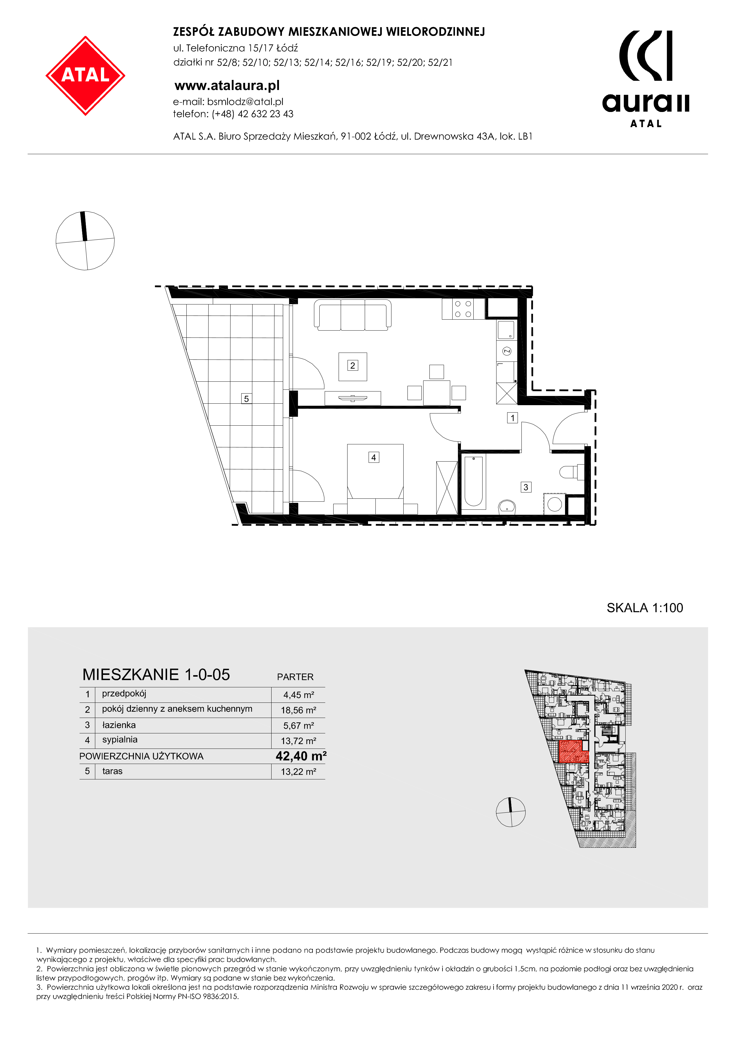 Mieszkanie 42,40 m², parter, oferta nr 1-0-05, ATAL Aura II, Łódź, Bałuty, ul. Telefoniczna 15/17-idx