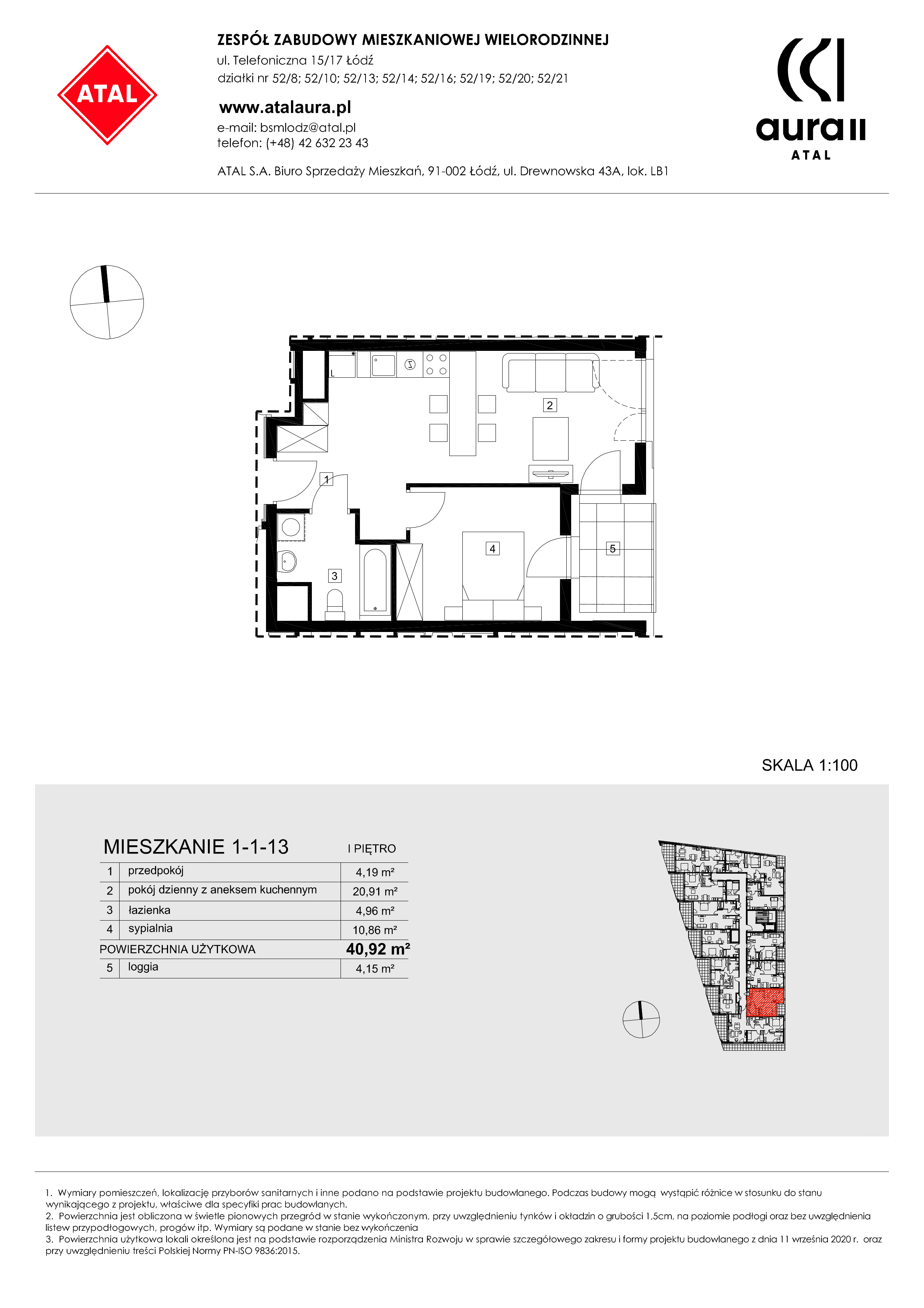 Mieszkanie 40,92 m², piętro 1, oferta nr 1-1-13, ATAL Aura II, Łódź, Bałuty, ul. Telefoniczna 15/17-idx