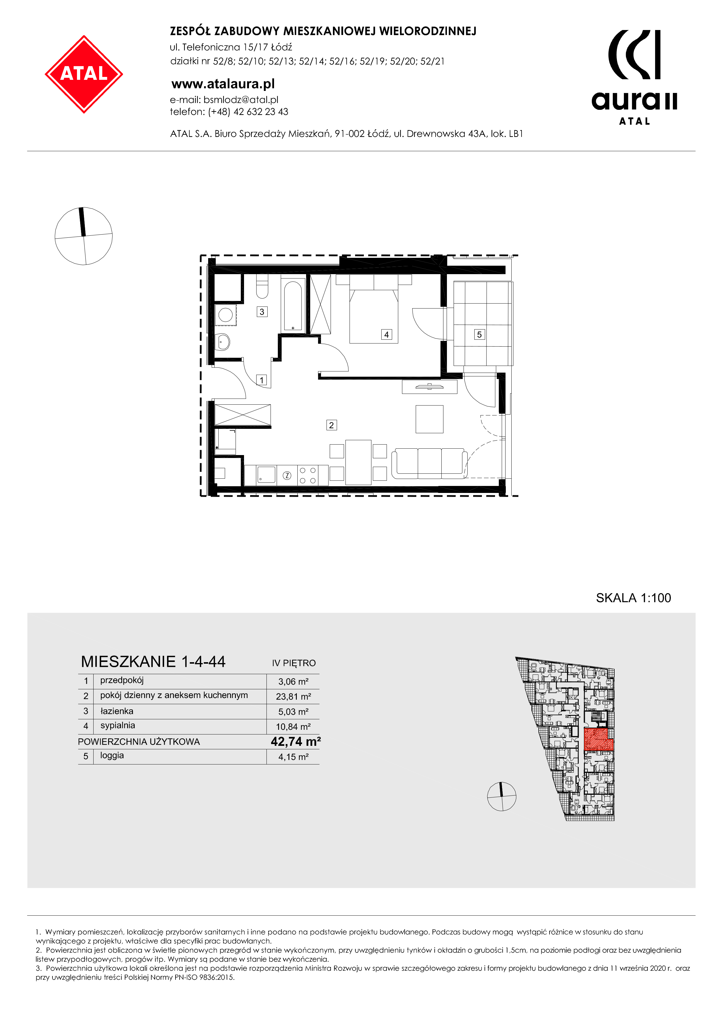 Mieszkanie 42,74 m², piętro 4, oferta nr 1-4-44, ATAL Aura II, Łódź, Bałuty, ul. Telefoniczna 15/17-idx